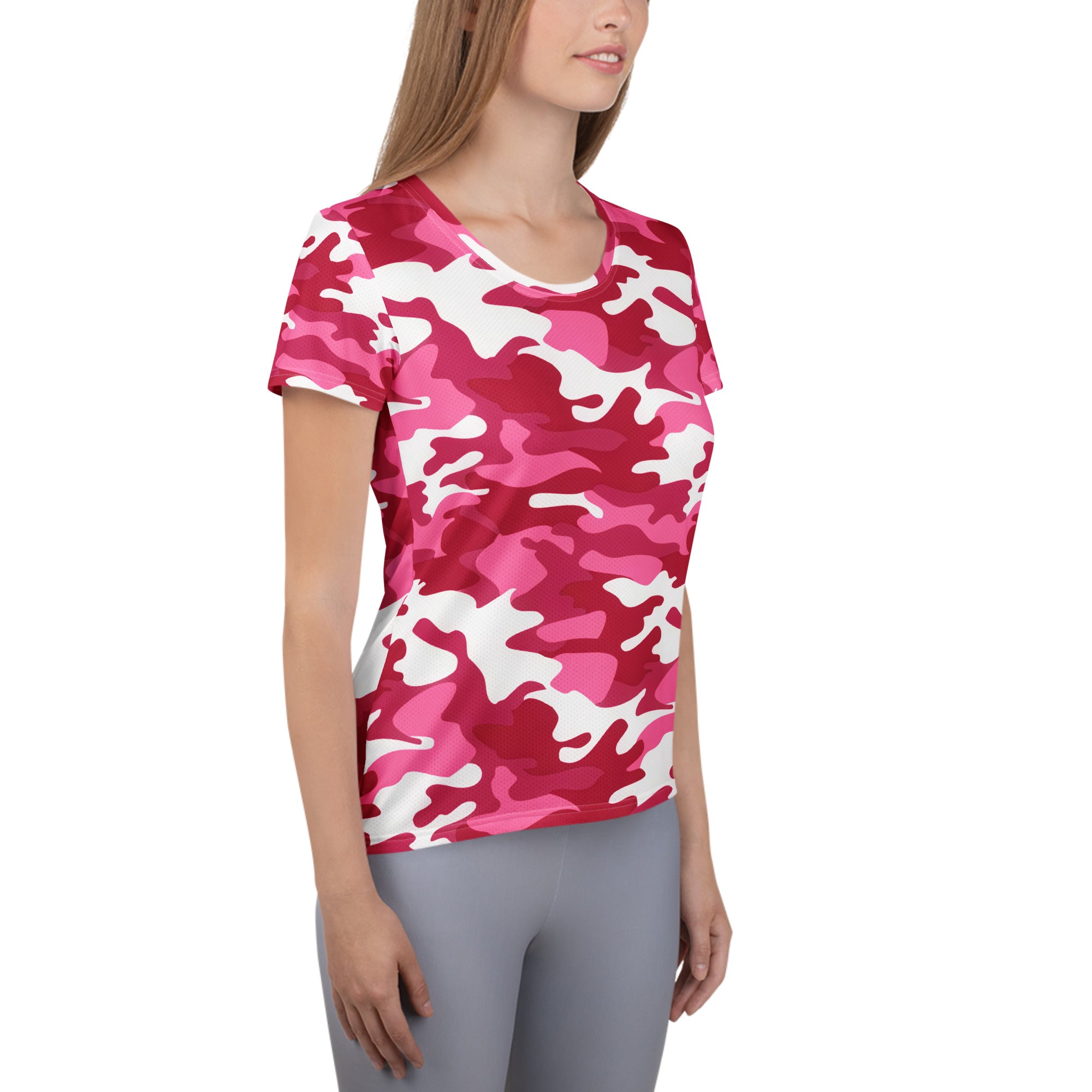 Women’s bright pink and white camouflage performance athletic t-shirt with short sleeves lightweight moisture wicking