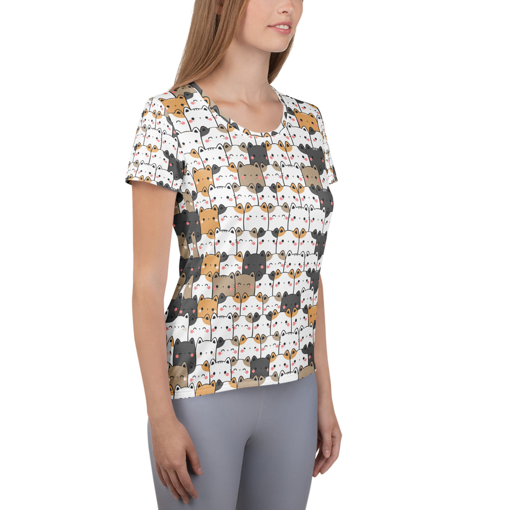 Women’s white short-sleeved kawaii cat t-shirt with colorful cartoon cats, lightweight moisture wicking fabric, UPF 50+