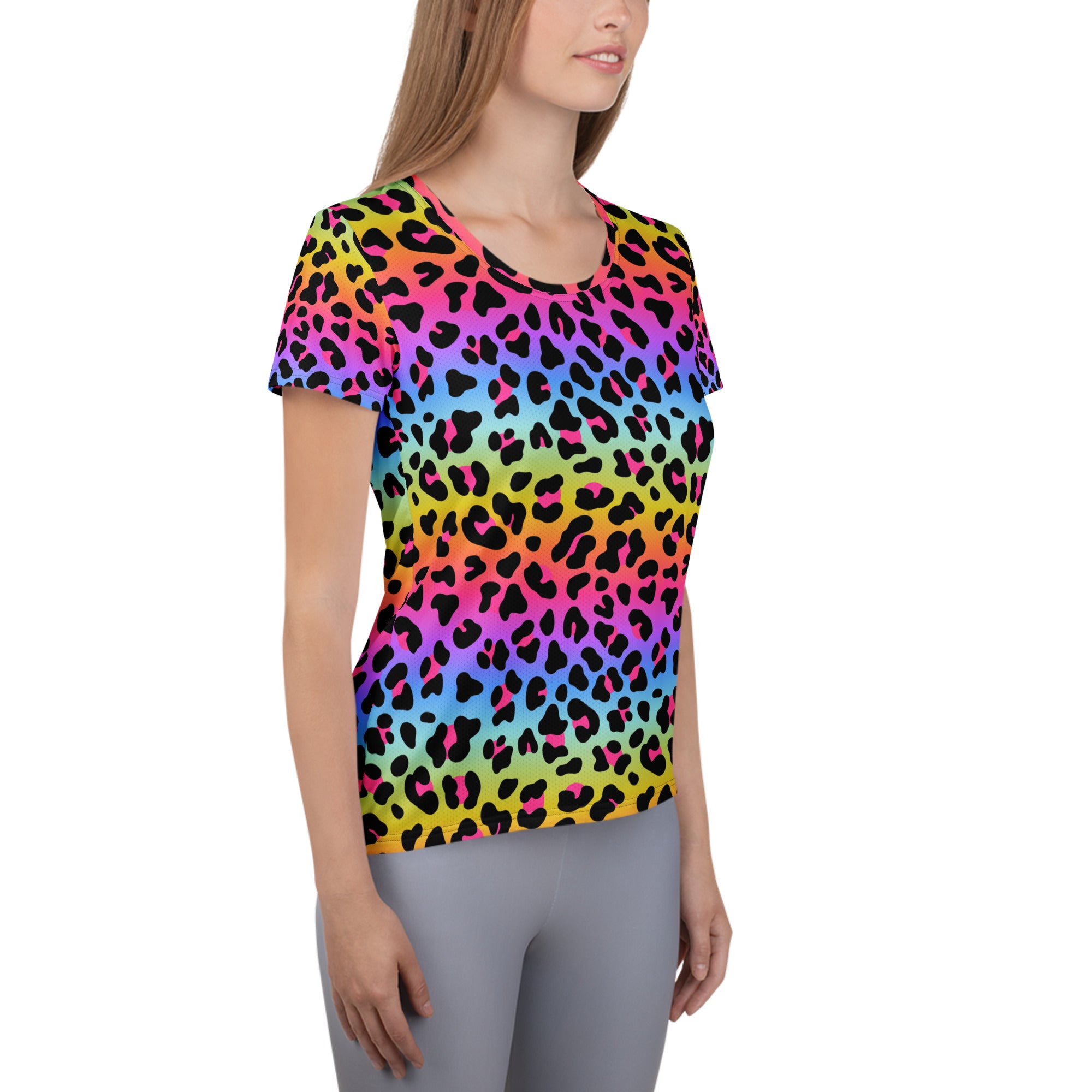 Women’s lightweight moisture wicking rainbow leopard print athletic t-shirt with short sleeves and UPF 50 plus protection
