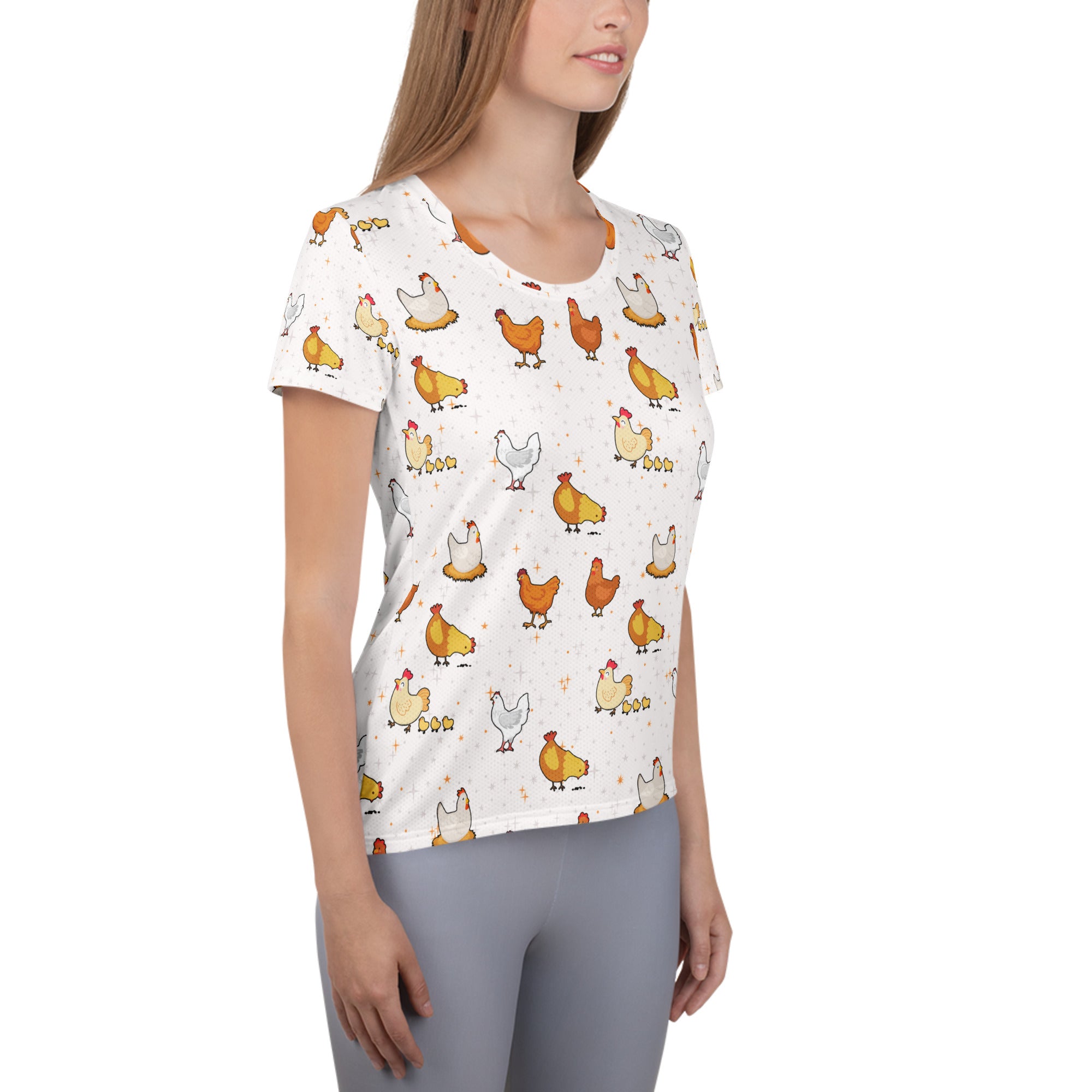 White women’s performance athletic t-shirt with colorful cartoon chicken pattern lightweight moisture wicking upf 50+