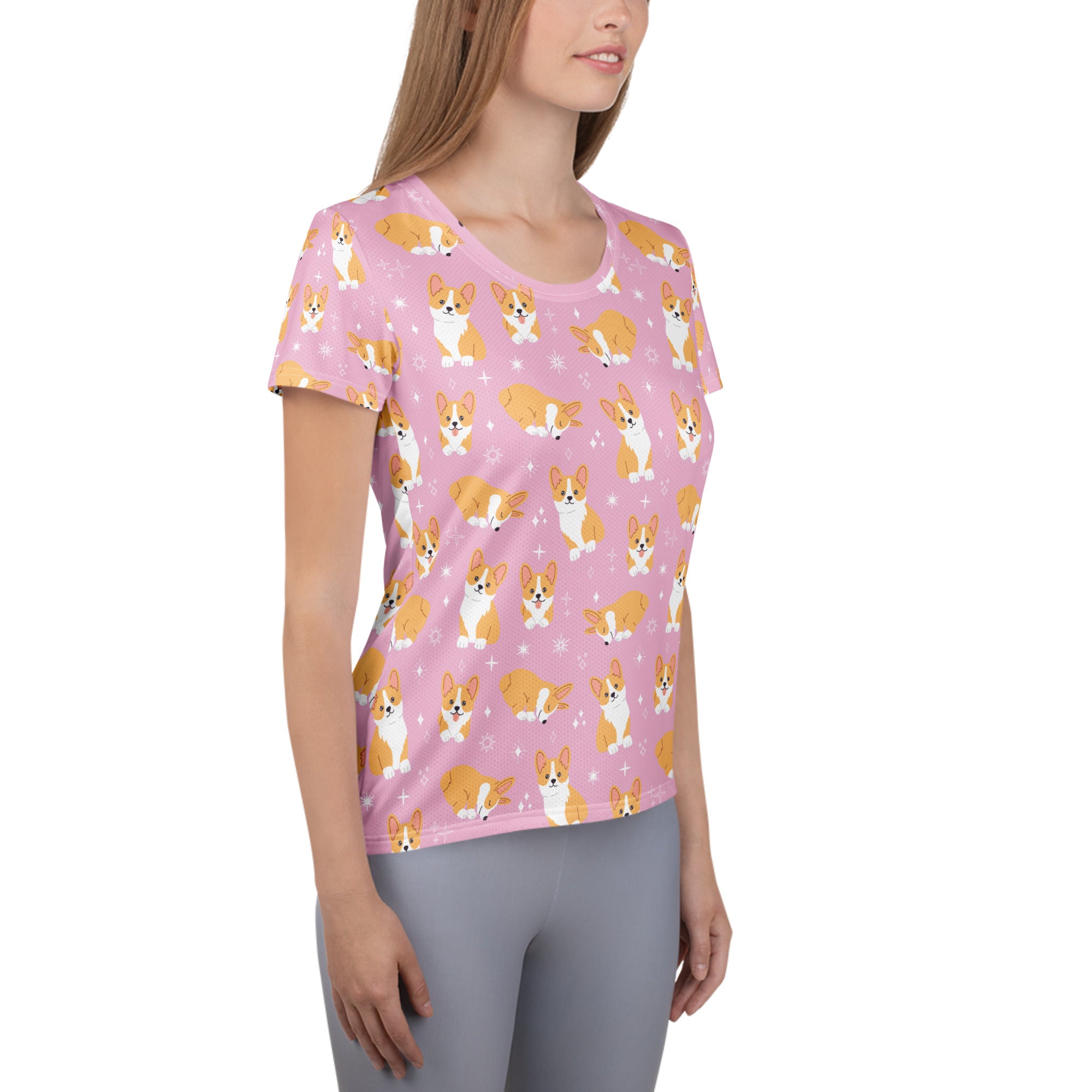 Women’s pink short-sleeved corgi dog performance t-shirt with playful print lightweight moisture wicking top upf 50+
