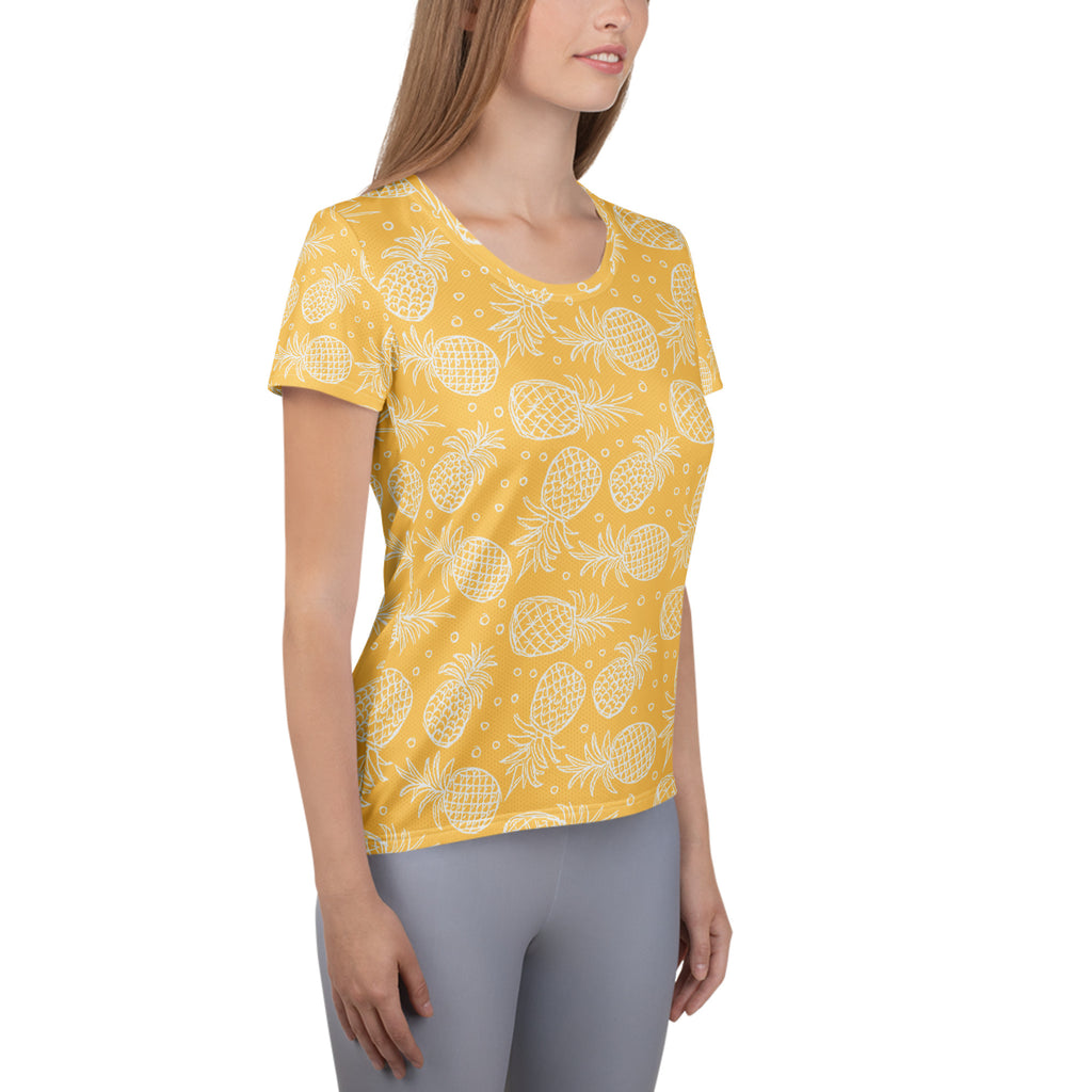 Women’s yellow short-sleeved performance athletic t-shirt with white pineapple prints lightweight moisture wicking top upf 50+