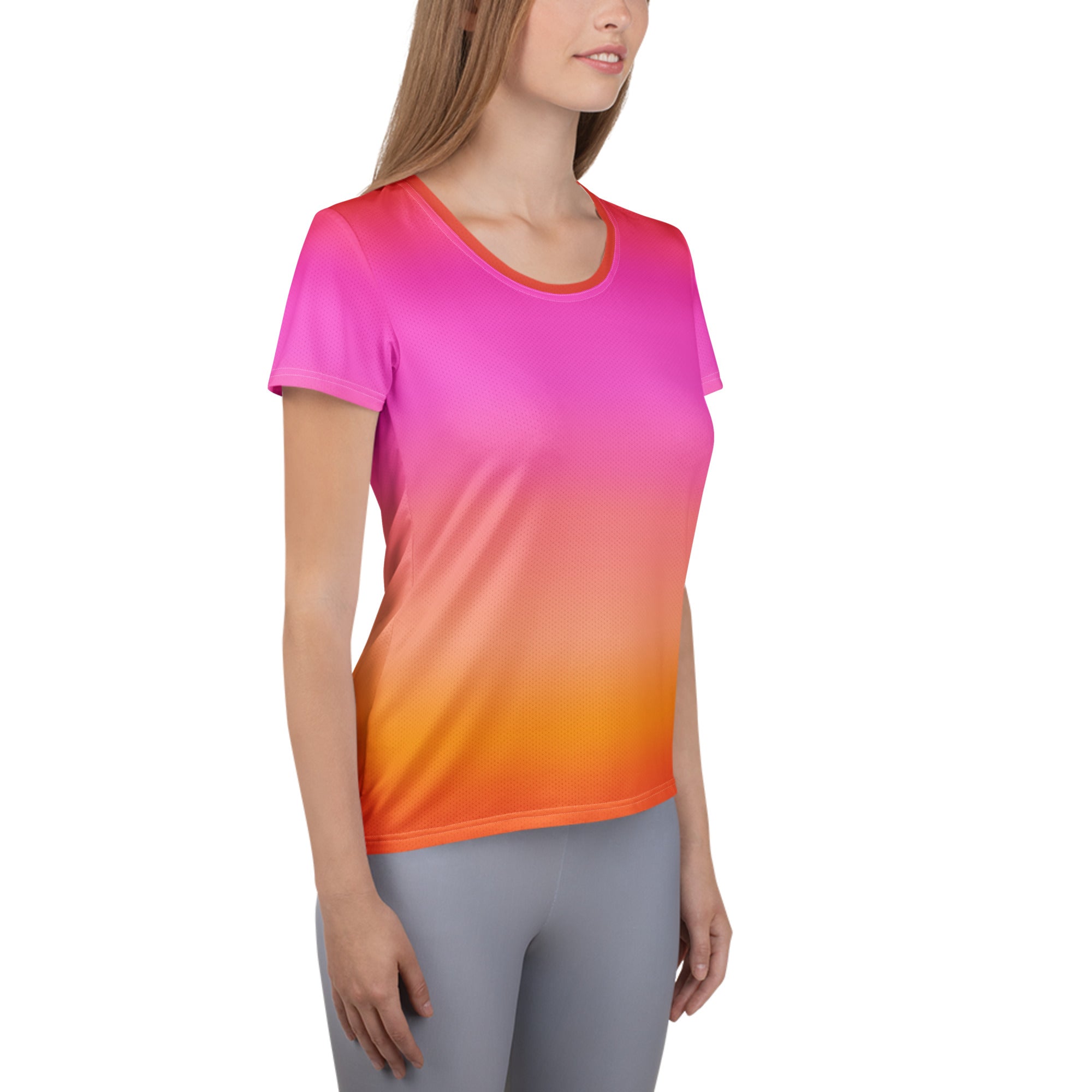 Women’s lightweight moisture wicking athletic t-shirt with sunset ombre gradient from bright pink to vivid orange