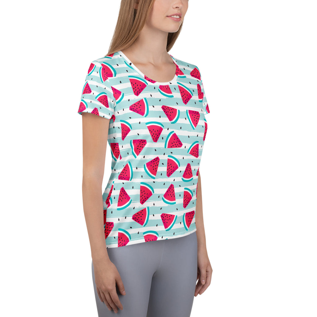 Women’s lightweight moisture wicking performance t-shirt with red watermelon pattern on blue and white striped fabric with upf 50+