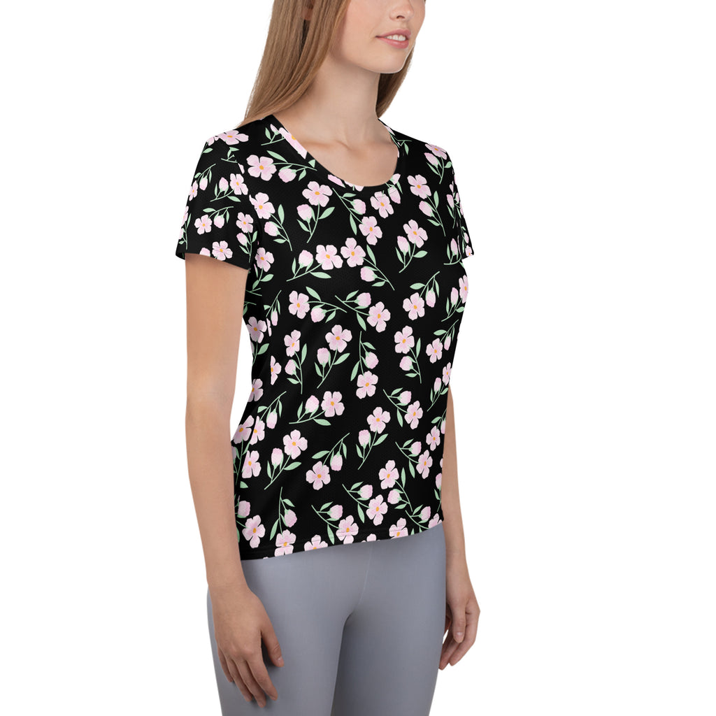 Women’s black floral performance athletic t-shirt with pink flowers green stems lightweight moisture wicking fabric