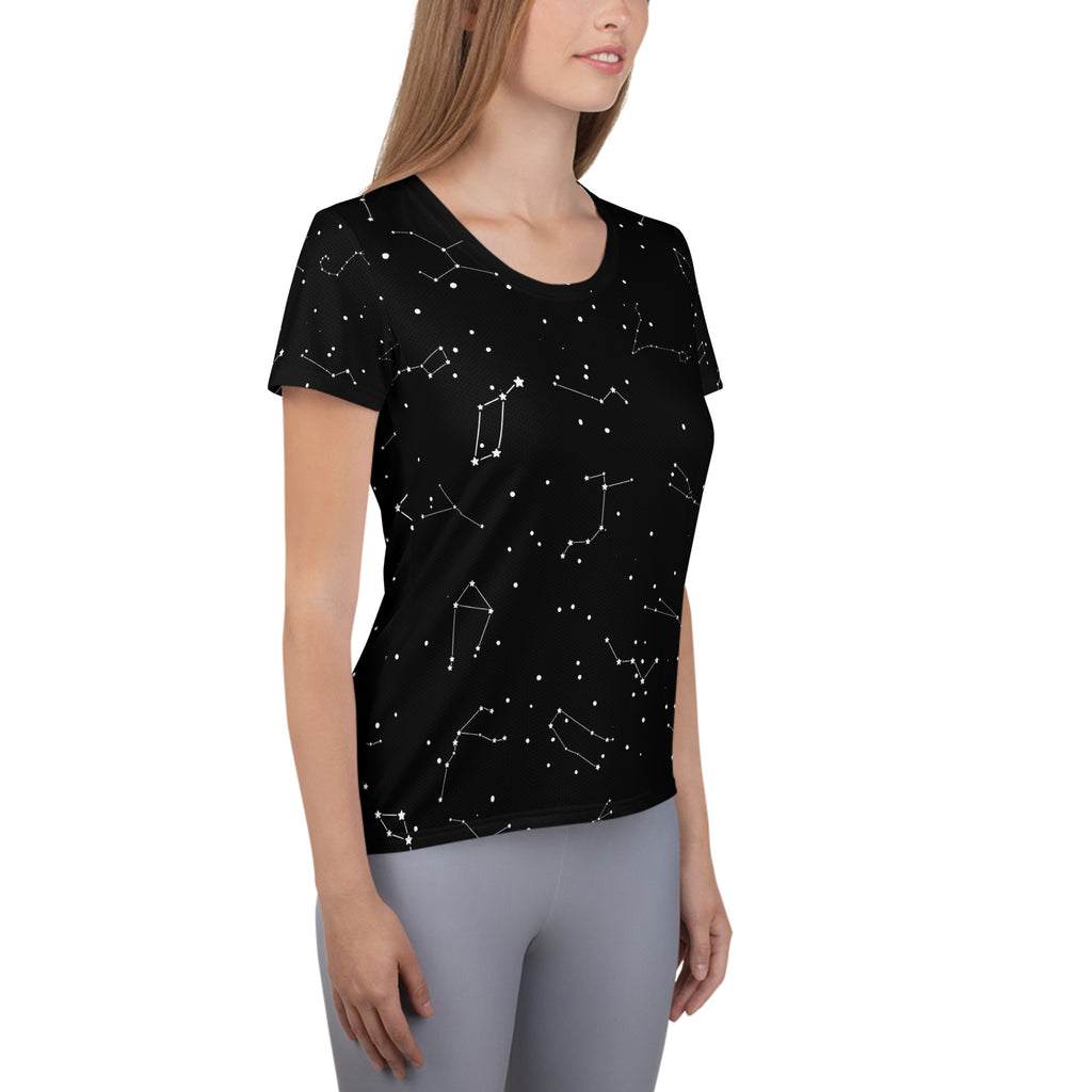 Black women’s performance athletic t-shirt with white realistic constellation pattern lightweight moisture wicking upf 50+
