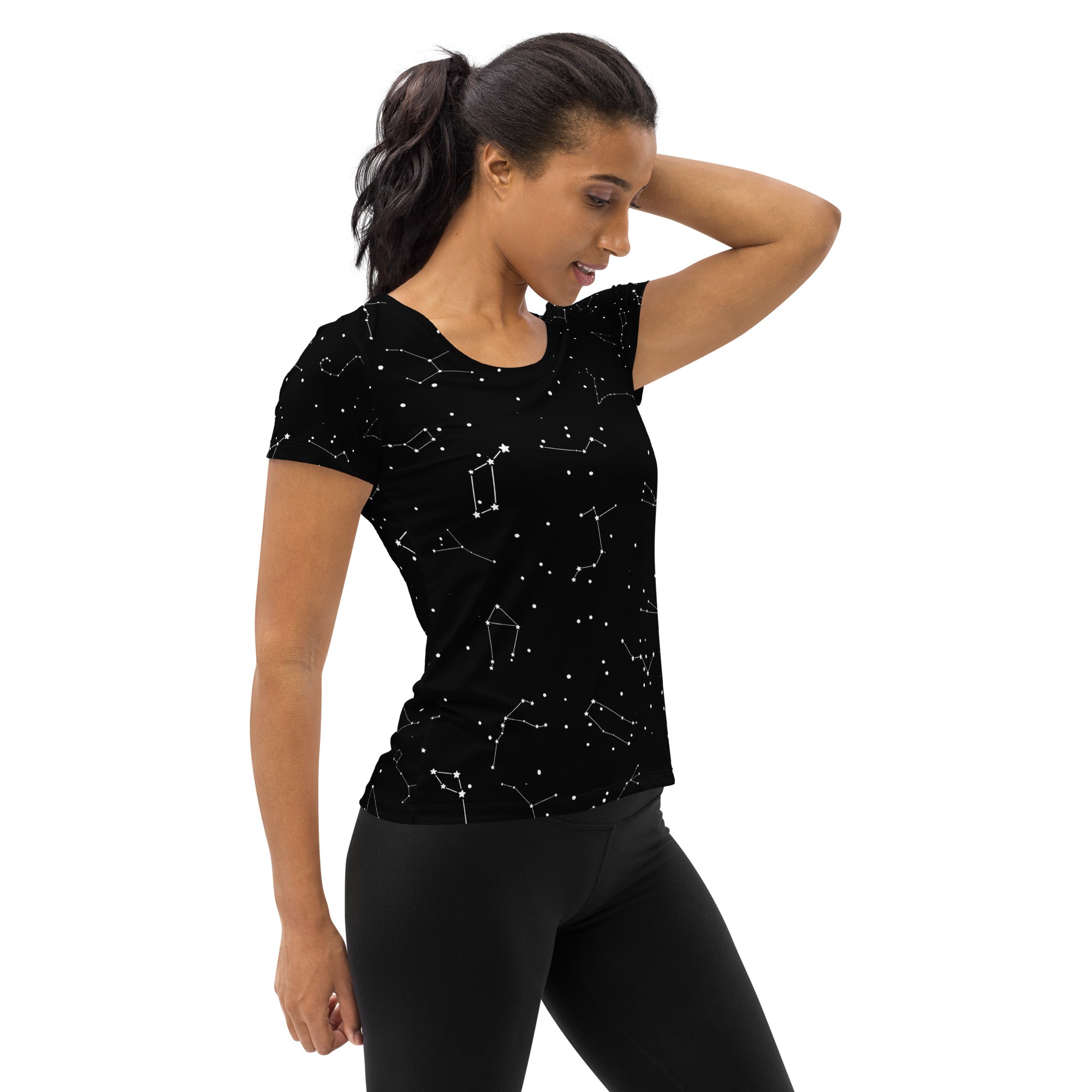 Black short-sleeved women’s performance t-shirt with white constellation pattern lightweight moisture wicking upf 50+