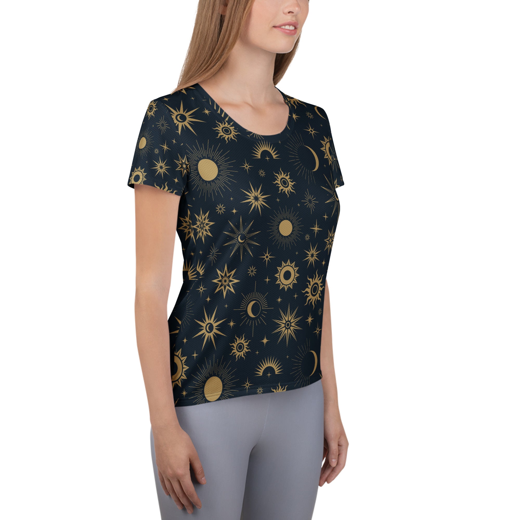 Dark navy women’s celestial sun and moon performance t-shirt with gold pattern lightweight moisture wicking top