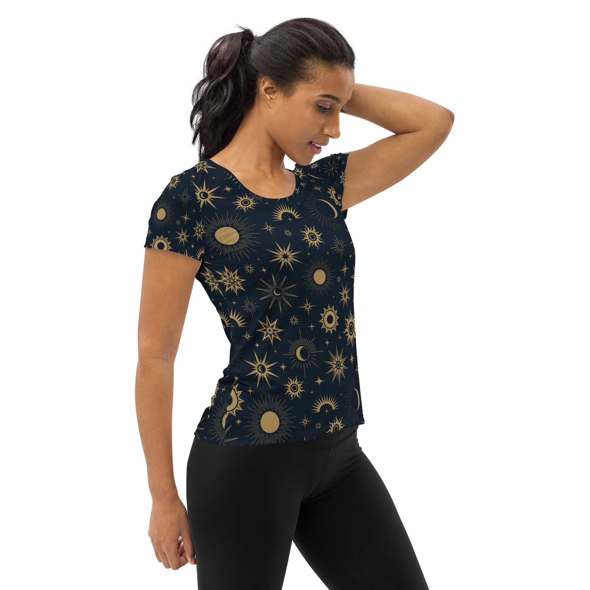 Dark blue women’s celestial sun and moon performance t-shirt with gold celestial pattern lightweight moisture wicking