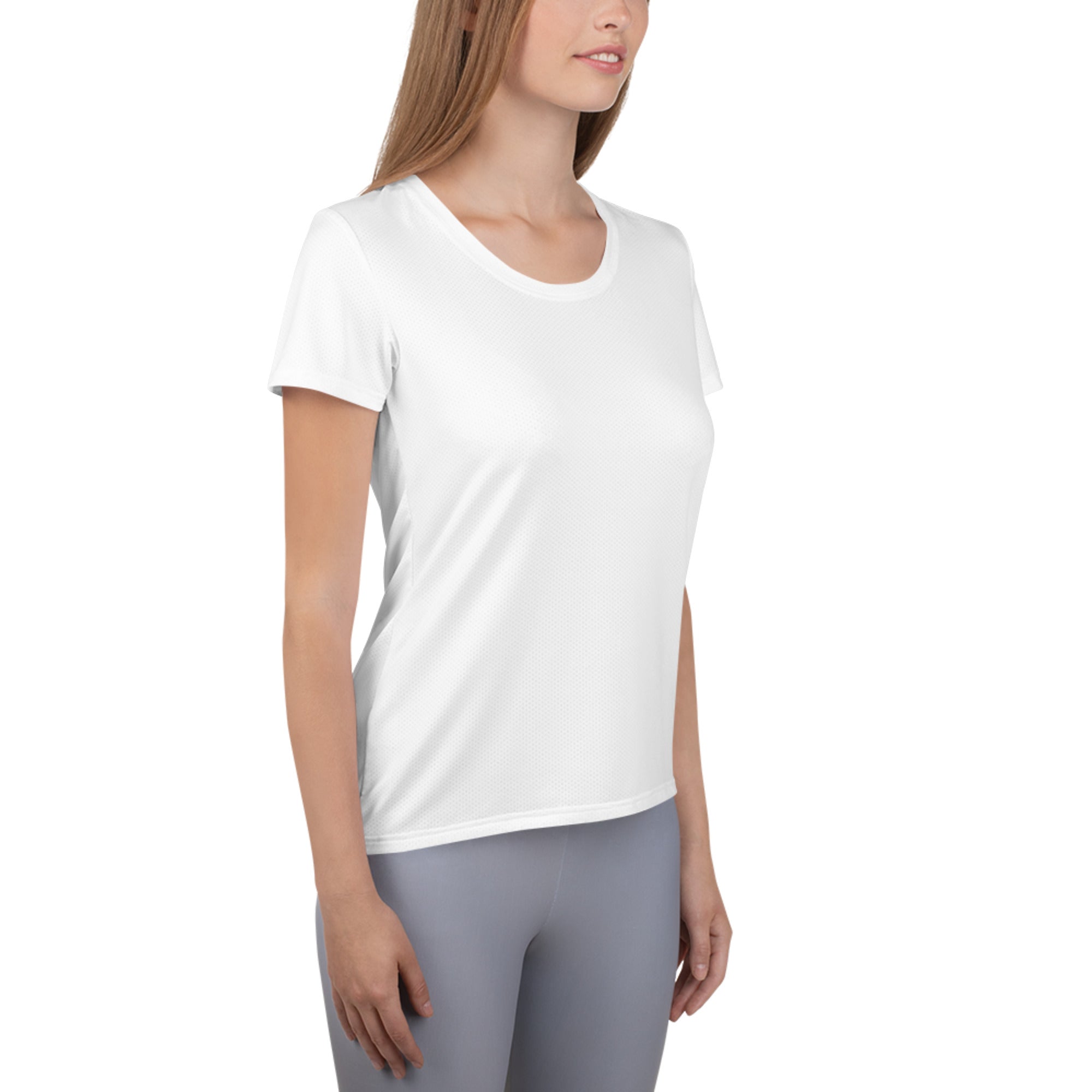 Women’s white performance athletic t-shirt with rounded neckline lightweight moisture wicking fabric and upf 50+ protection