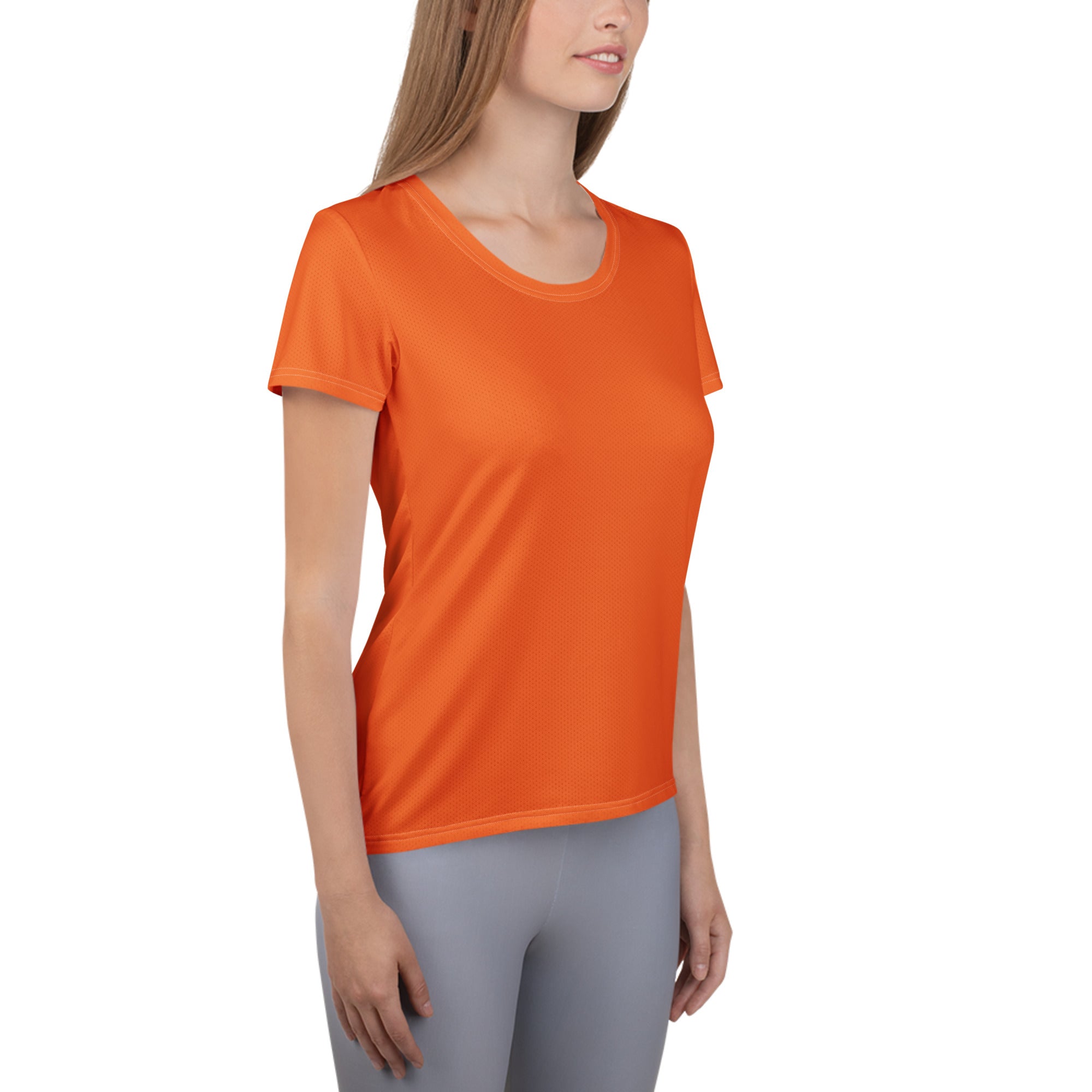 Bright orange short-sleeved lightweight moisture wicking athletic t-shirt with rounded neckline and UPF 50 plus protection