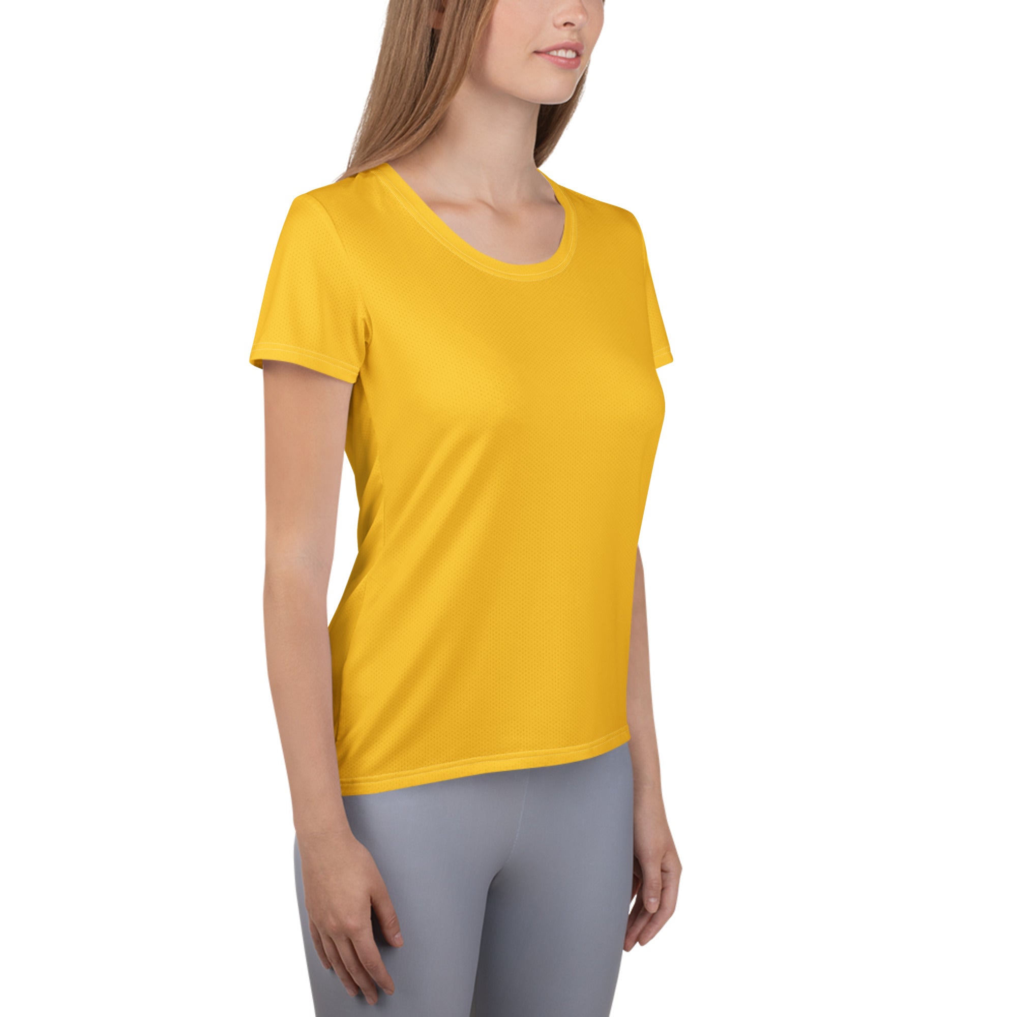 Women’s yellow performance athletic t-shirt with short sleeves round neckline lightweight moisture wicking fabric