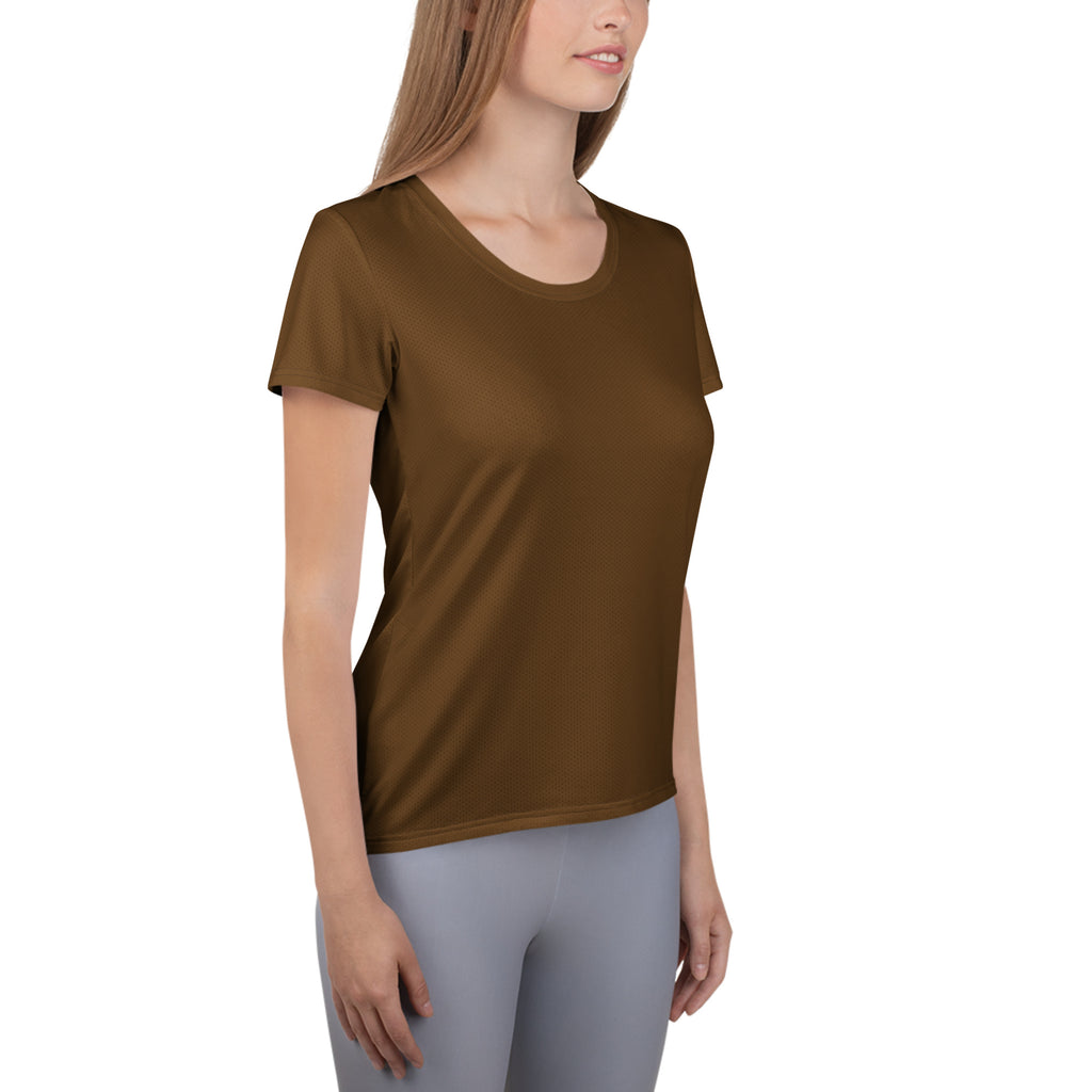 Women’s olive green short-sleeved performance t-shirt made of lightweight moisture-wicking fabric with UPF 50+
