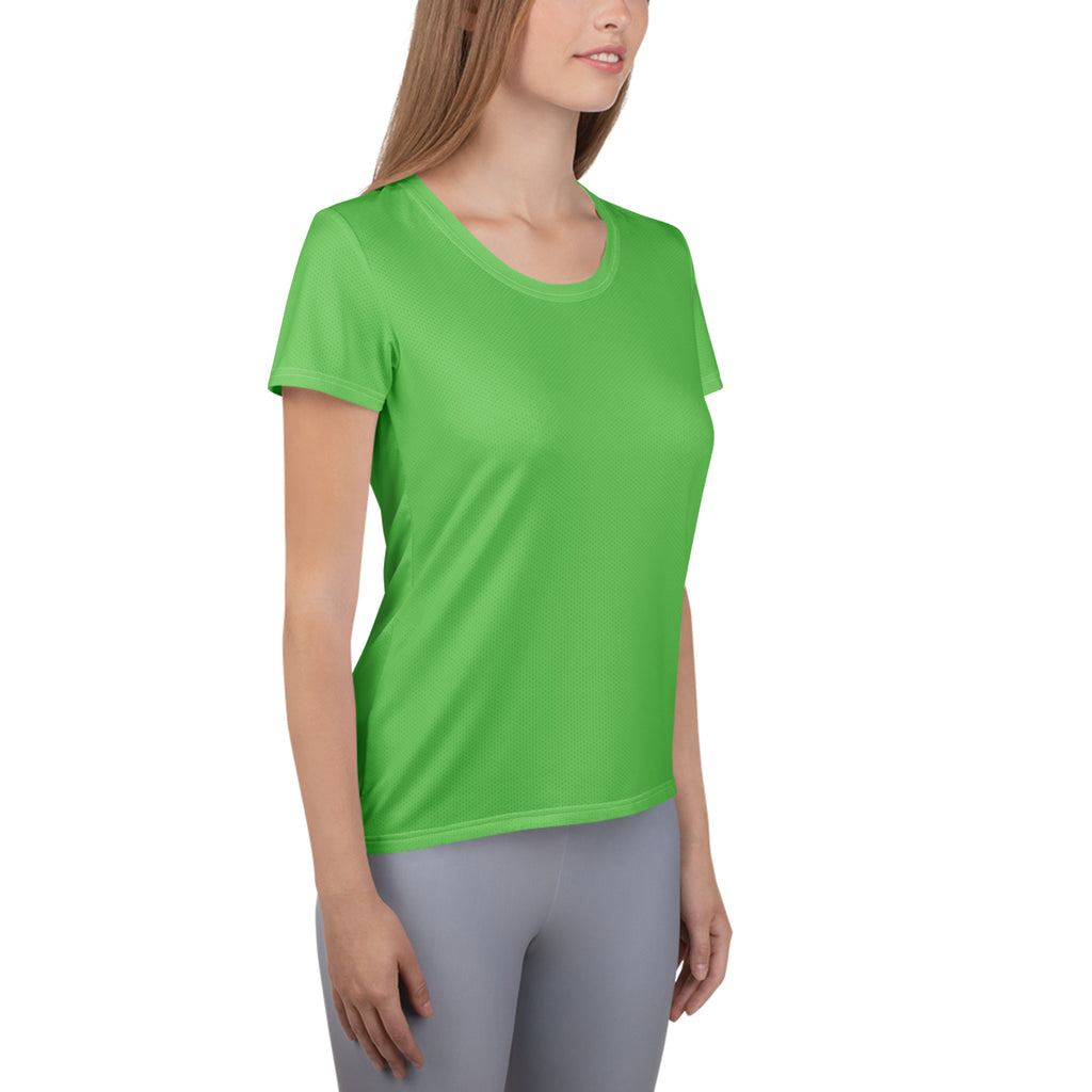 Bright green women’s short-sleeved performance athletic t-shirt with round neckline and lightweight moisture wicking fabric