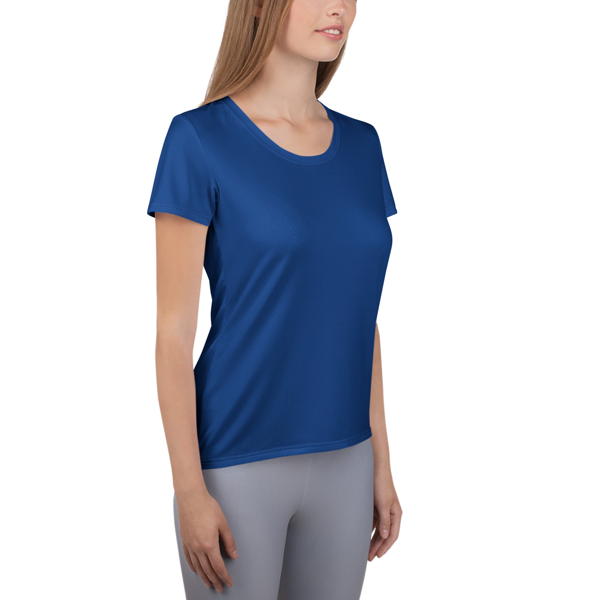 A women’s royal blue short-sleeved athletic top with rounded neckline lightweight moisture wicking fabric