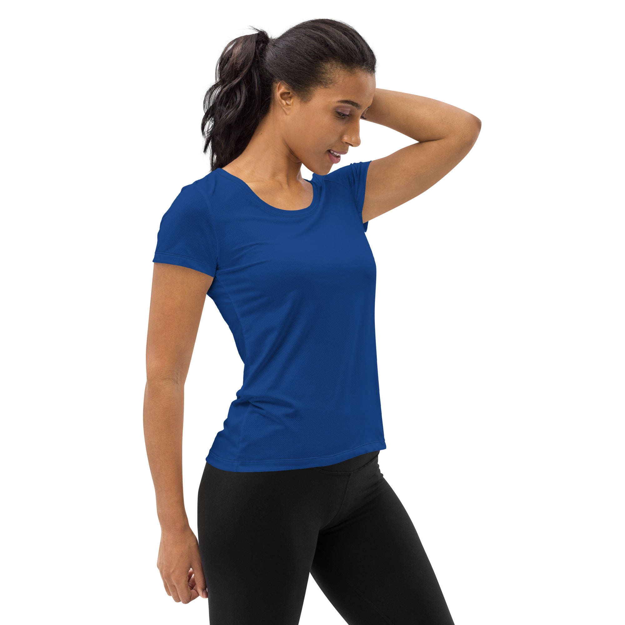 A vibrant royal blue women’s short-sleeved performance t-shirt with rounded neckline and moisture wicking fabric