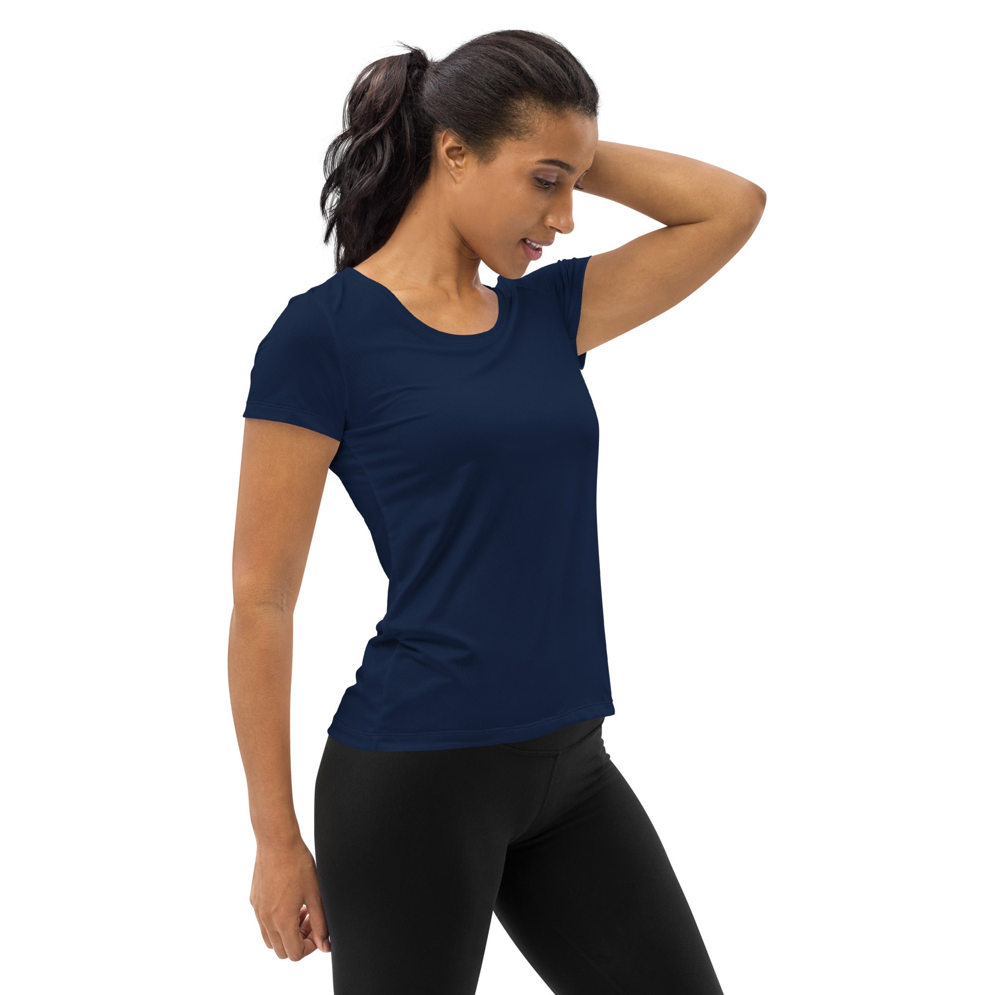 Women’s navy blue fitted short-sleeved performance t-shirt with lightweight moisture wicking fabric and UPF 50 plus protection