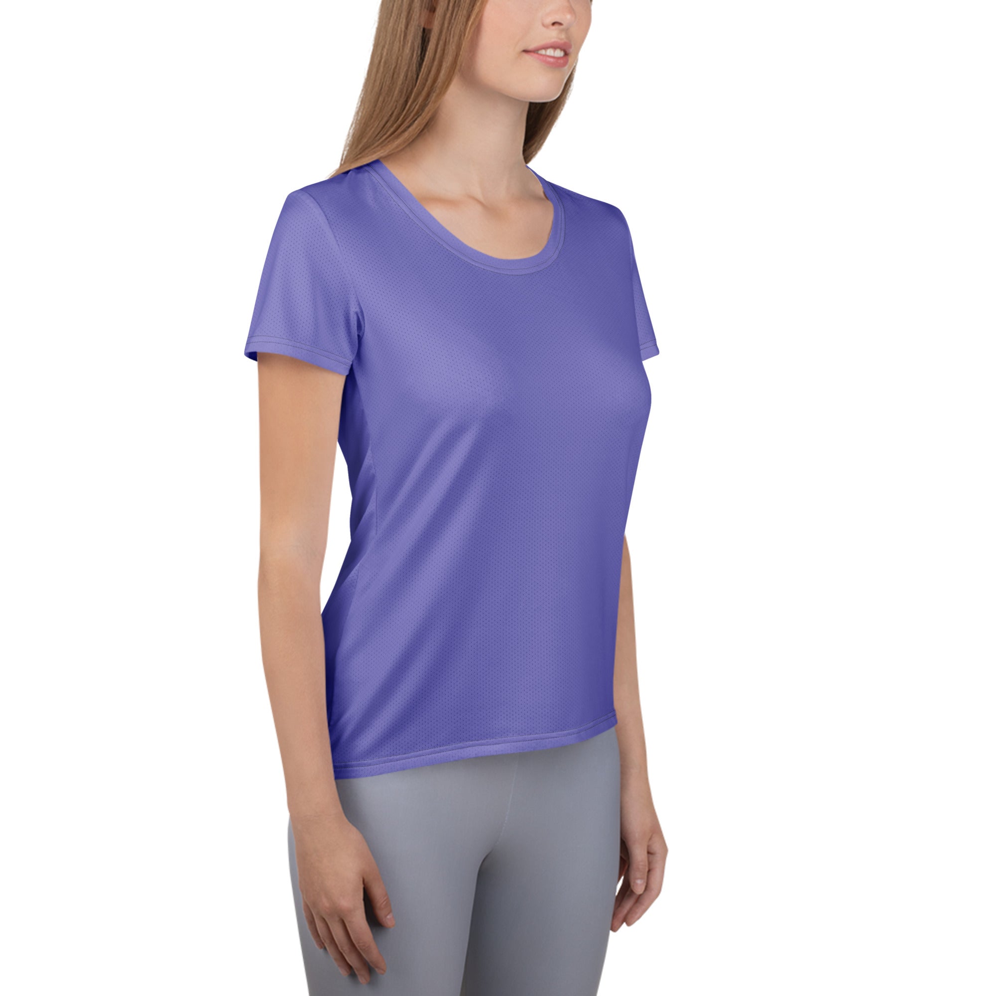 Women’s purple performance short-sleeved athletic t-shirt with lightweight moisture wicking fabric and upf 50 plus protection