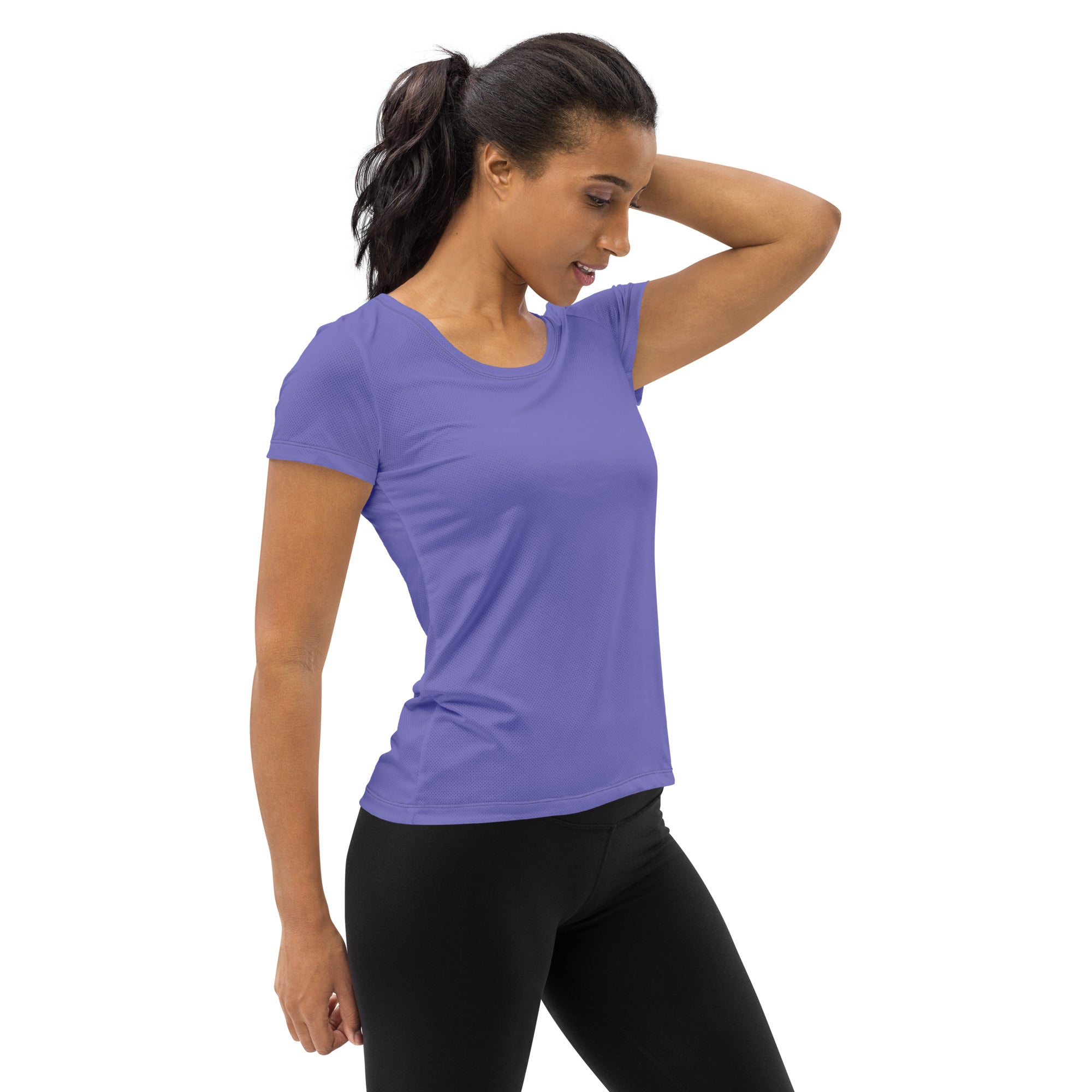 A soft lavender women’s short-sleeved performance t-shirt with rounded neckline designed for lightweight workouts