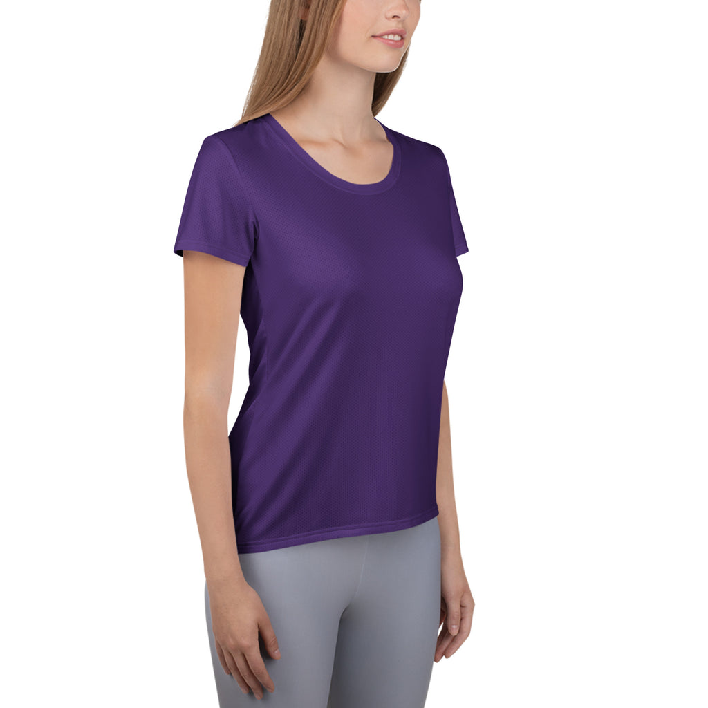 Women’s dark purple performance athletic t-shirt with rounded neckline lightweight moisture wicking fabric