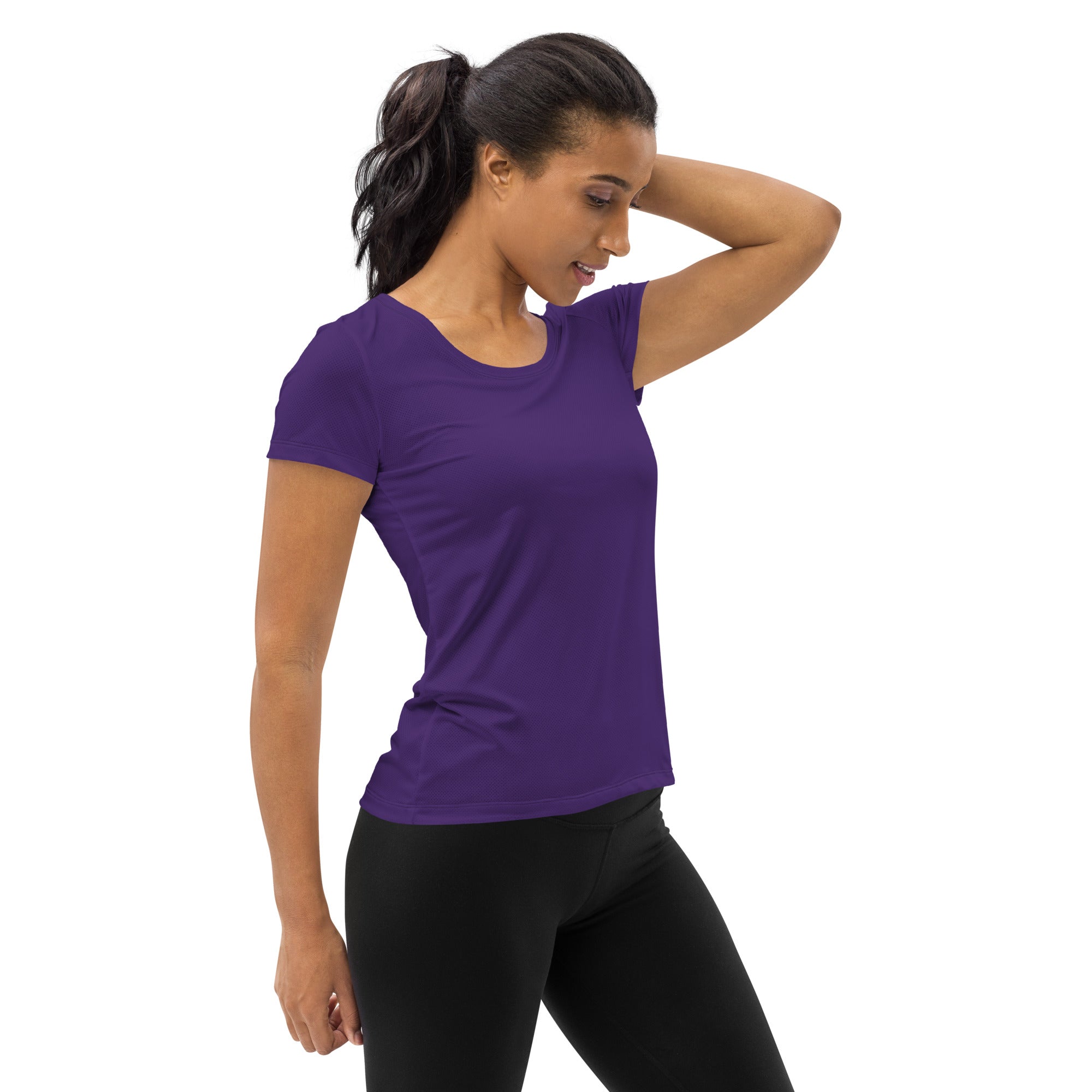 Women’s dark purple fitted performance athletic t-shirt with short sleeves lightweight moisture wicking fabric