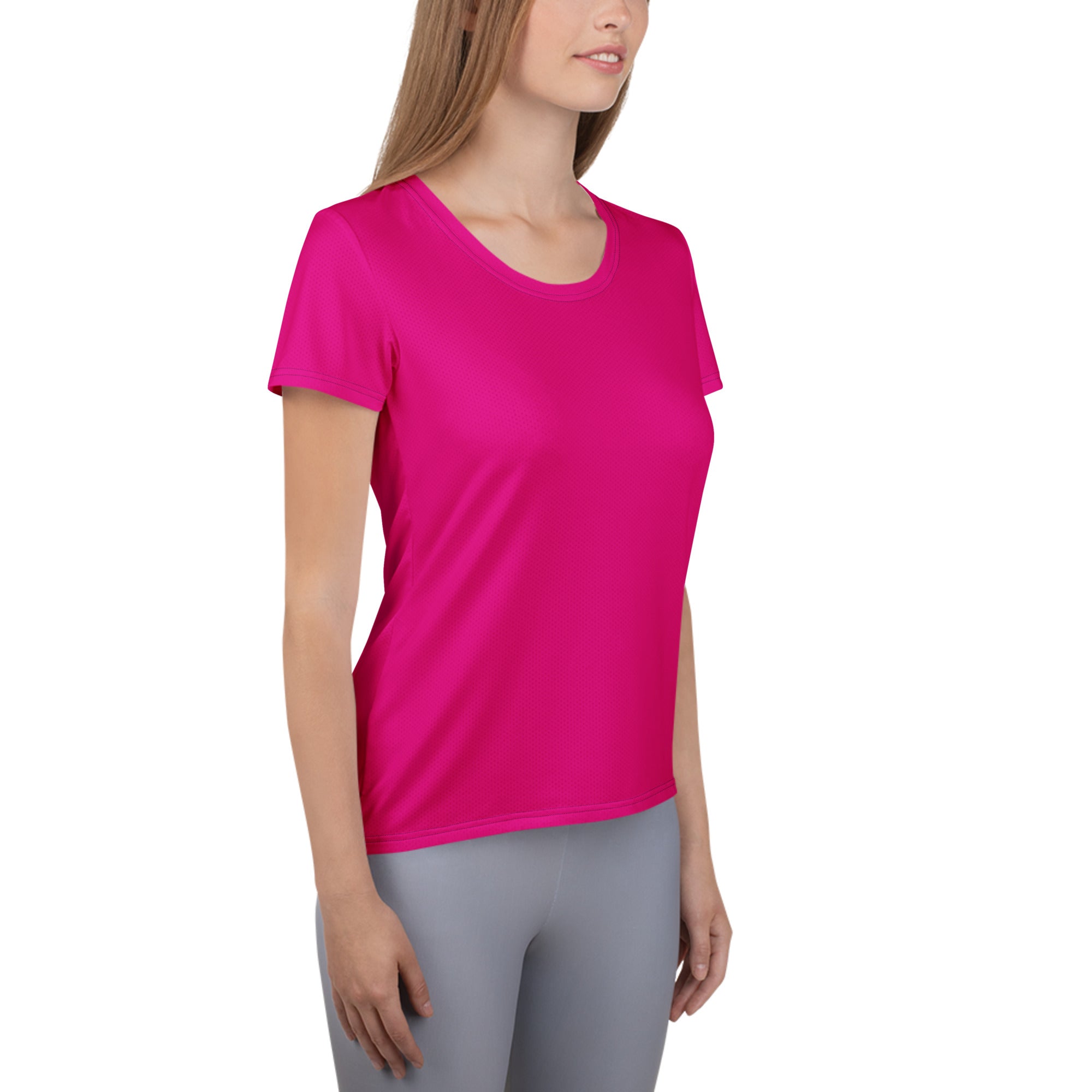 Women’s fuchsia pink short-sleeved performance athletic top with rounded neckline and moisture wicking fabric
