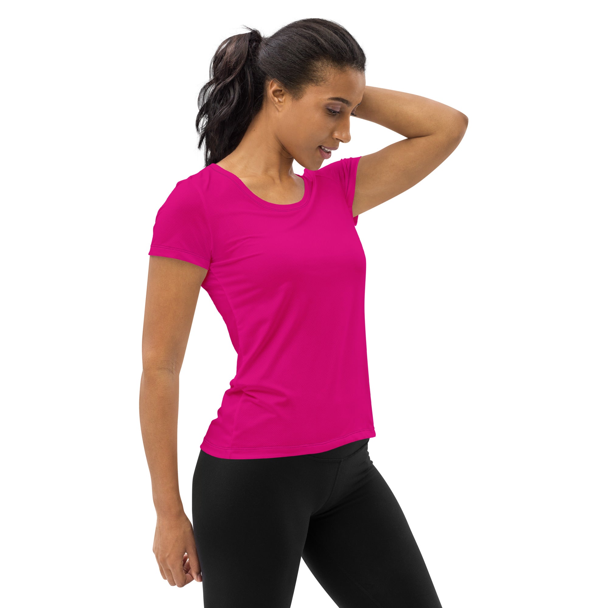 Women’s magenta pink performance athletic t-shirt with short sleeves lightweight moisture wicking workout top