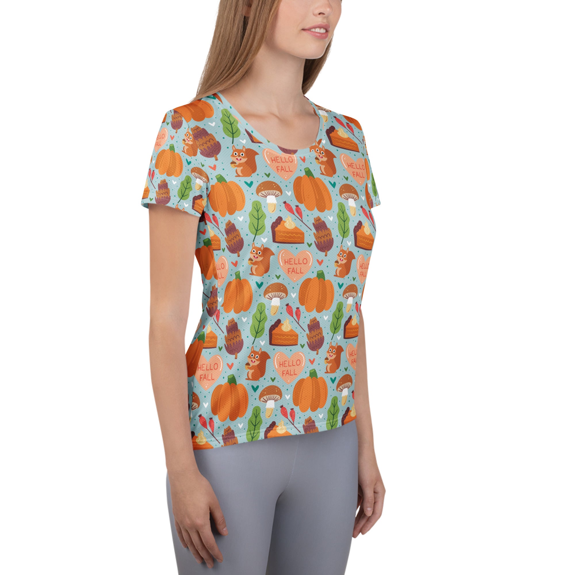 Women’s 'Hello Fall' Autumn Performance Athletic T-Shirt - Lightweight Moisture Wicking Workout Top with UPF 50+
