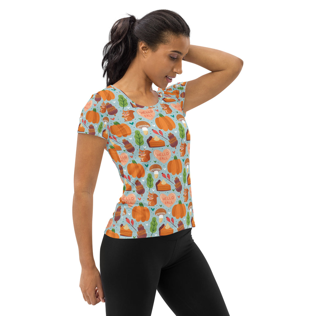 Women’s 'Hello Fall' Autumn Performance Athletic T-Shirt - Lightweight Moisture Wicking Workout Top with UPF 50+