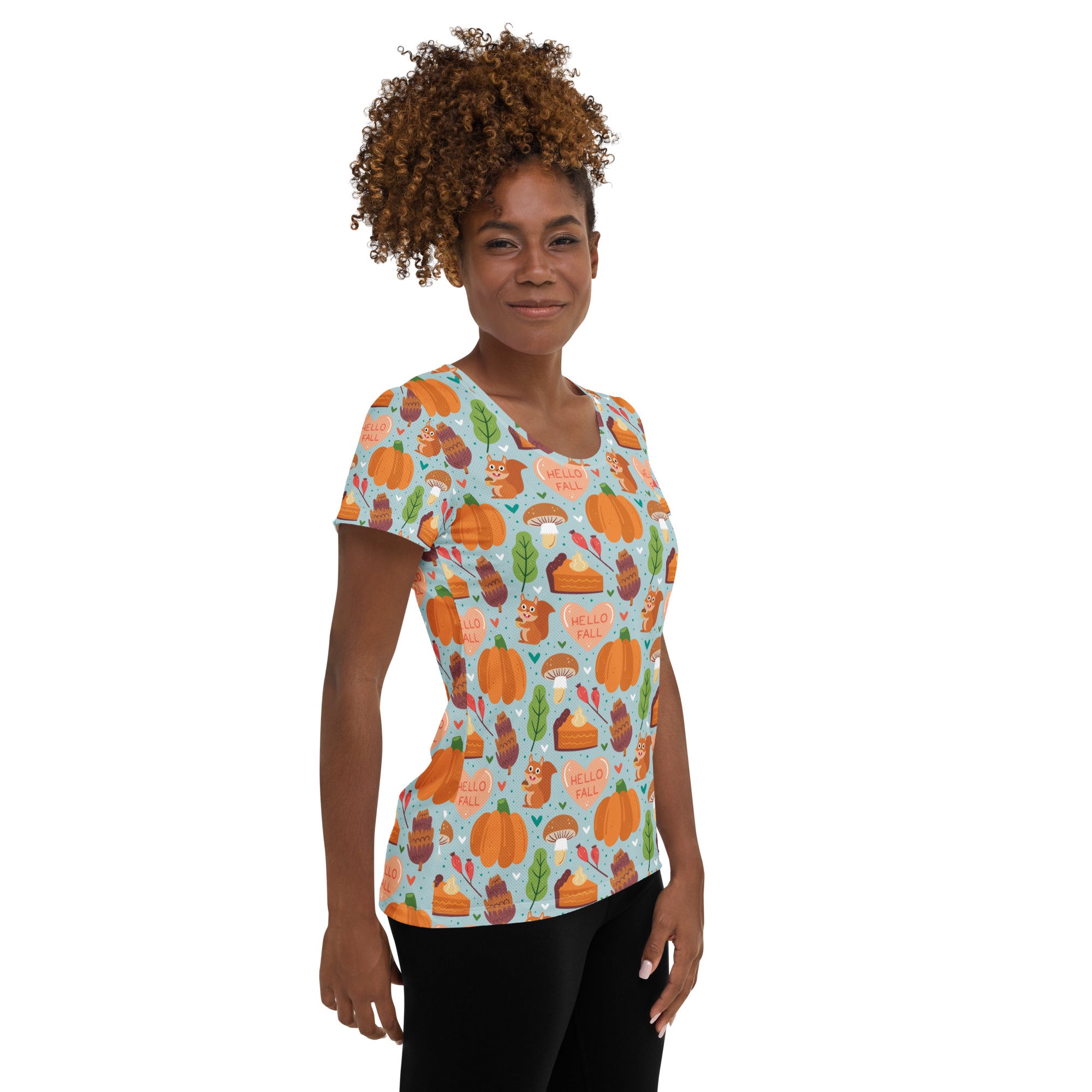 Women’s 'Hello Fall' Autumn Performance Athletic T-Shirt - Lightweight Moisture Wicking Workout Top with UPF 50+