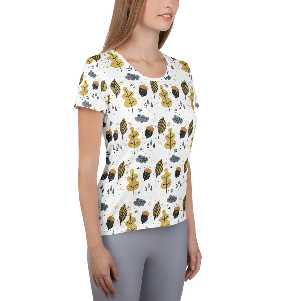 Women’s Autumn Leaves & Acorns Performance Athletic T-Shirt - Lightweight Moisture Wicking Workout Top with UPF 50+