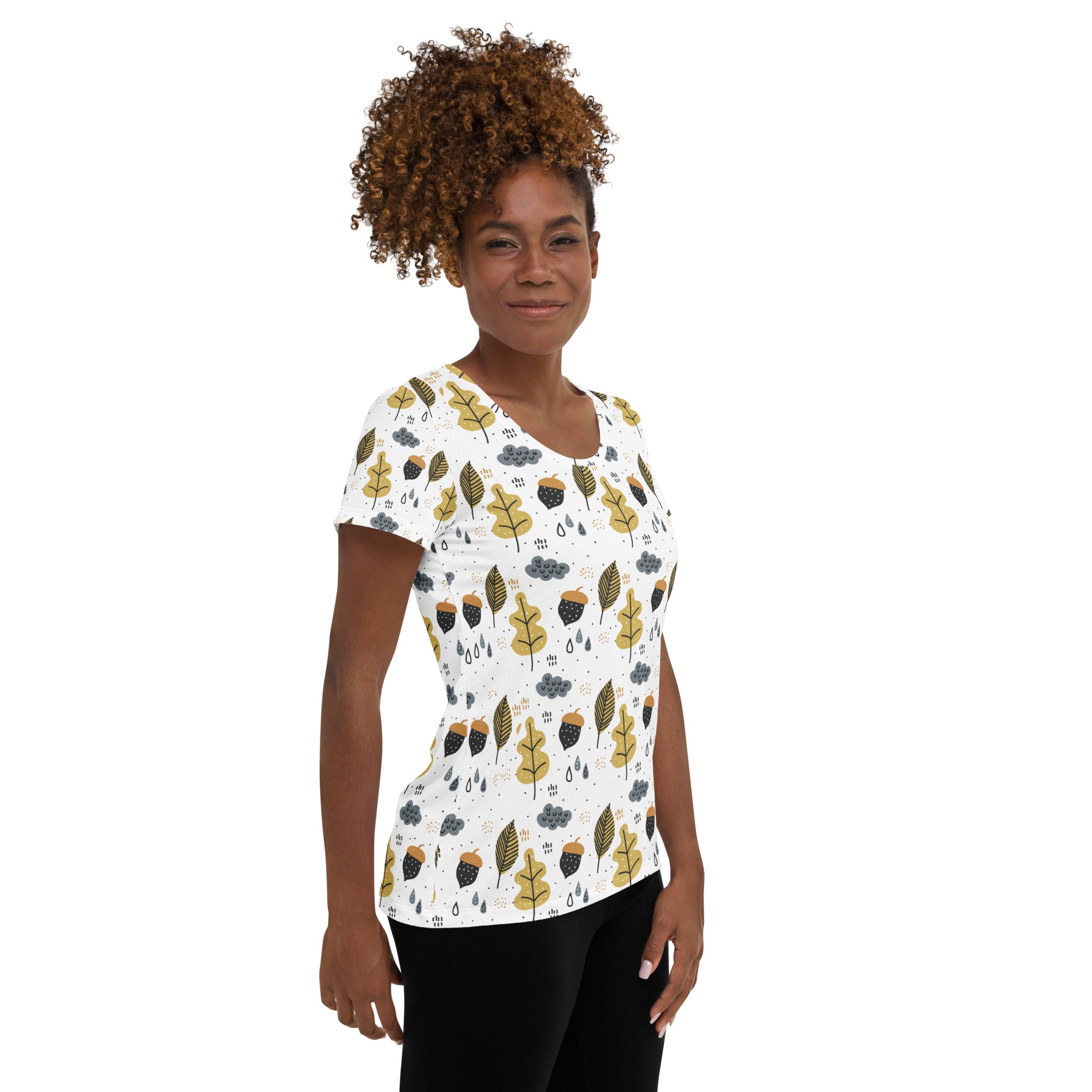 Women’s Autumn Leaves & Acorns Performance Athletic T-Shirt - Lightweight Moisture Wicking Workout Top with UPF 50+
