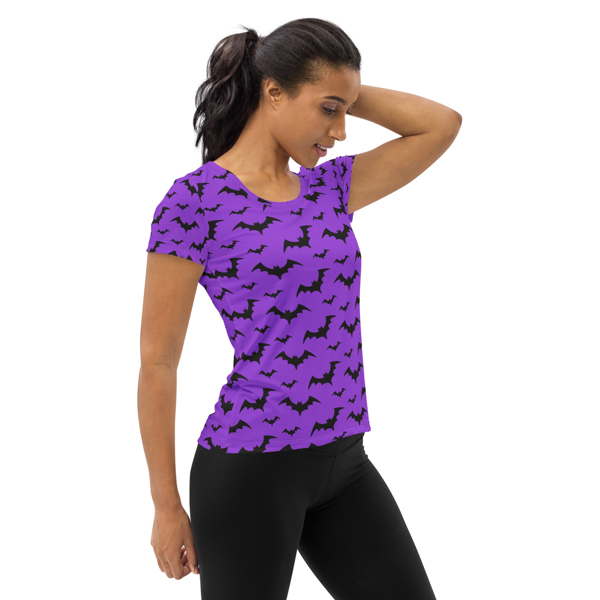 Women’s Purple Bats Halloween Performance Athletic T-Shirt - Lightweight Moisture Wicking Workout Top with UPF 50+