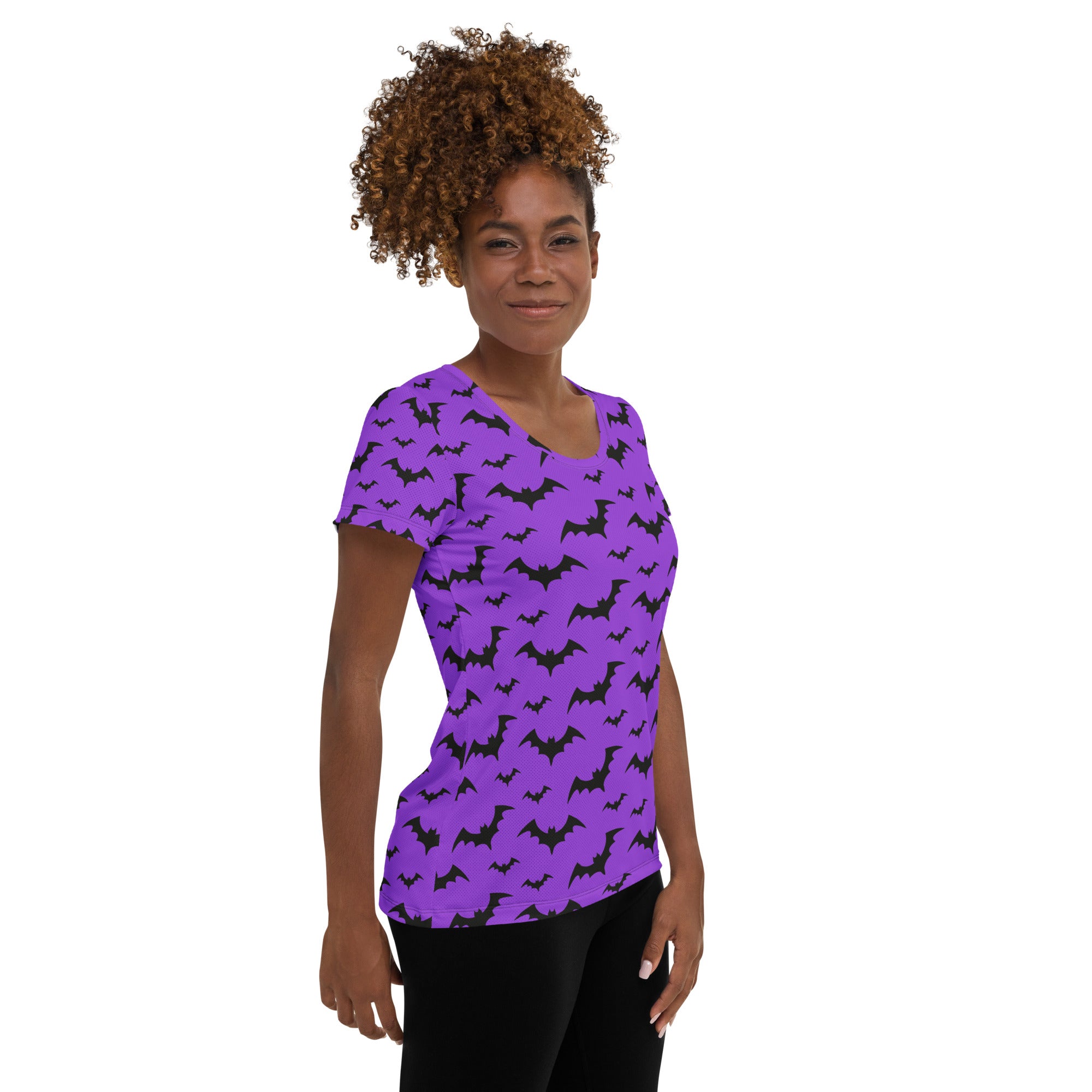 Women’s Purple Bats Halloween Performance Athletic T-Shirt - Lightweight Moisture Wicking Workout Top with UPF 50+