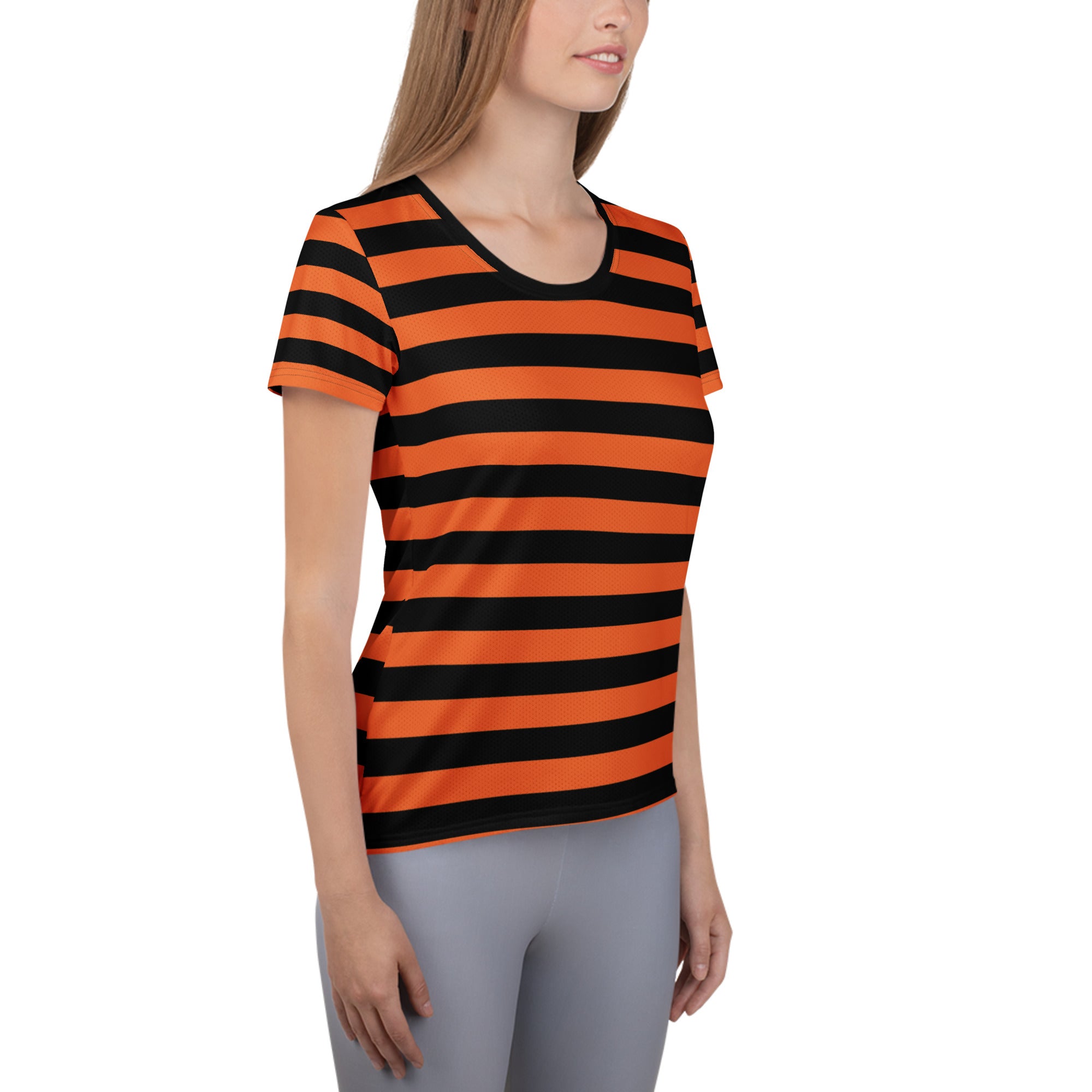 Women’s Orange and Black Halloween Striped Performance Athletic T-Shirt - Lightweight Moisture Wicking Workout Top with UPF 50+