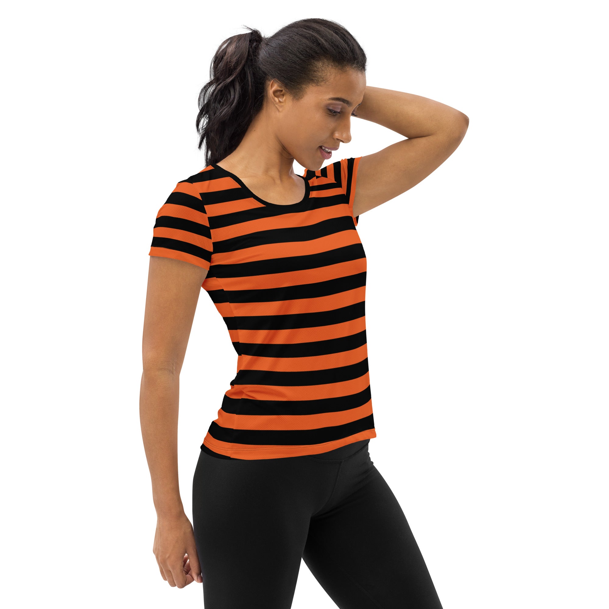 Women’s Orange and Black Halloween Striped Performance Athletic T-Shirt - Lightweight Moisture Wicking Workout Top with UPF 50+