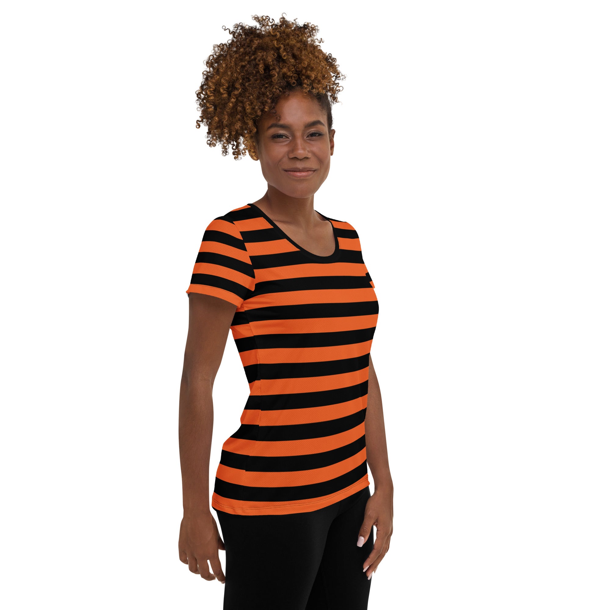 Women’s Orange and Black Halloween Striped Performance Athletic T-Shirt - Lightweight Moisture Wicking Workout Top with UPF 50+