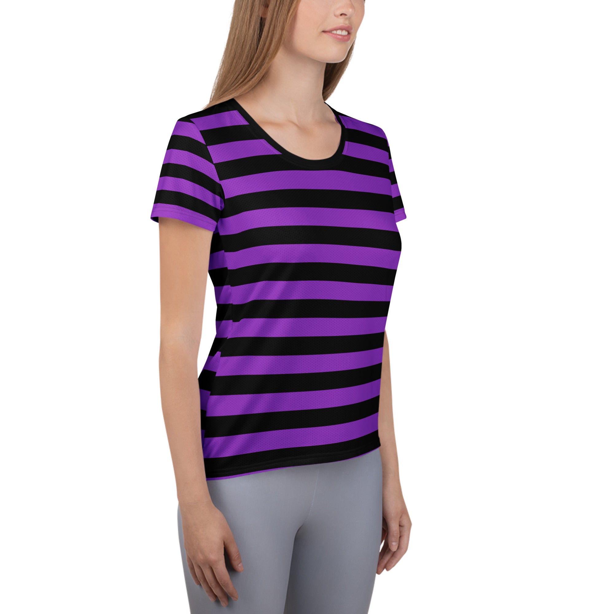 Women’s Purple and Black Halloween Striped Performance Athletic T-Shirt - Lightweight Moisture Wicking Workout Top with UPF 50+