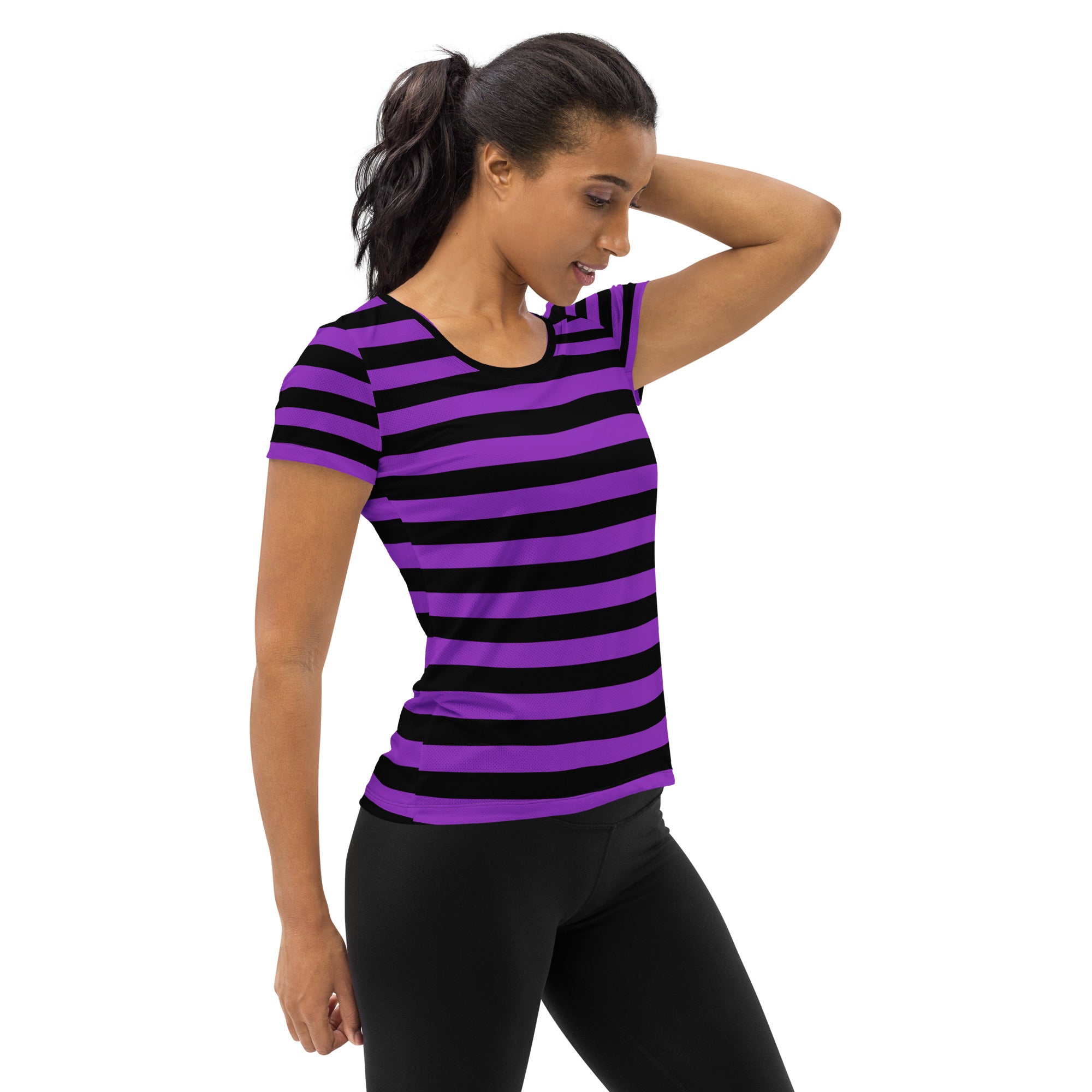 Women’s Purple and Black Halloween Striped Performance Athletic T-Shirt - Lightweight Moisture Wicking Workout Top with UPF 50+