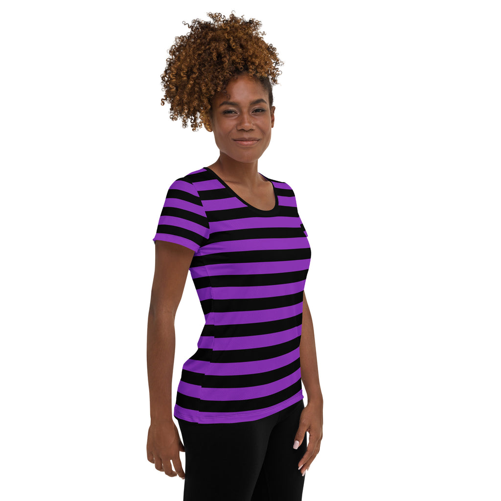 Women’s Purple and Black Halloween Striped Performance Athletic T-Shirt - Lightweight Moisture Wicking Workout Top with UPF 50+