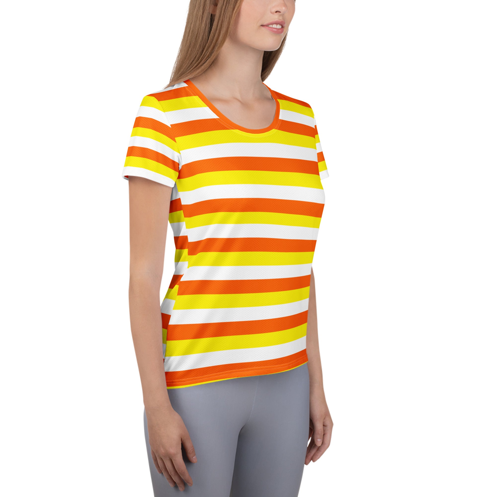 Women’s Candy Corn Stripes Performance Athletic T-Shirt - Lightweight Moisture Wicking Workout Top with UPF 50+