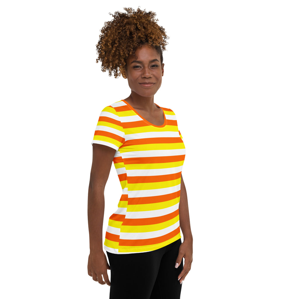 Women’s Candy Corn Stripes Performance Athletic T-Shirt - Lightweight Moisture Wicking Workout Top with UPF 50+