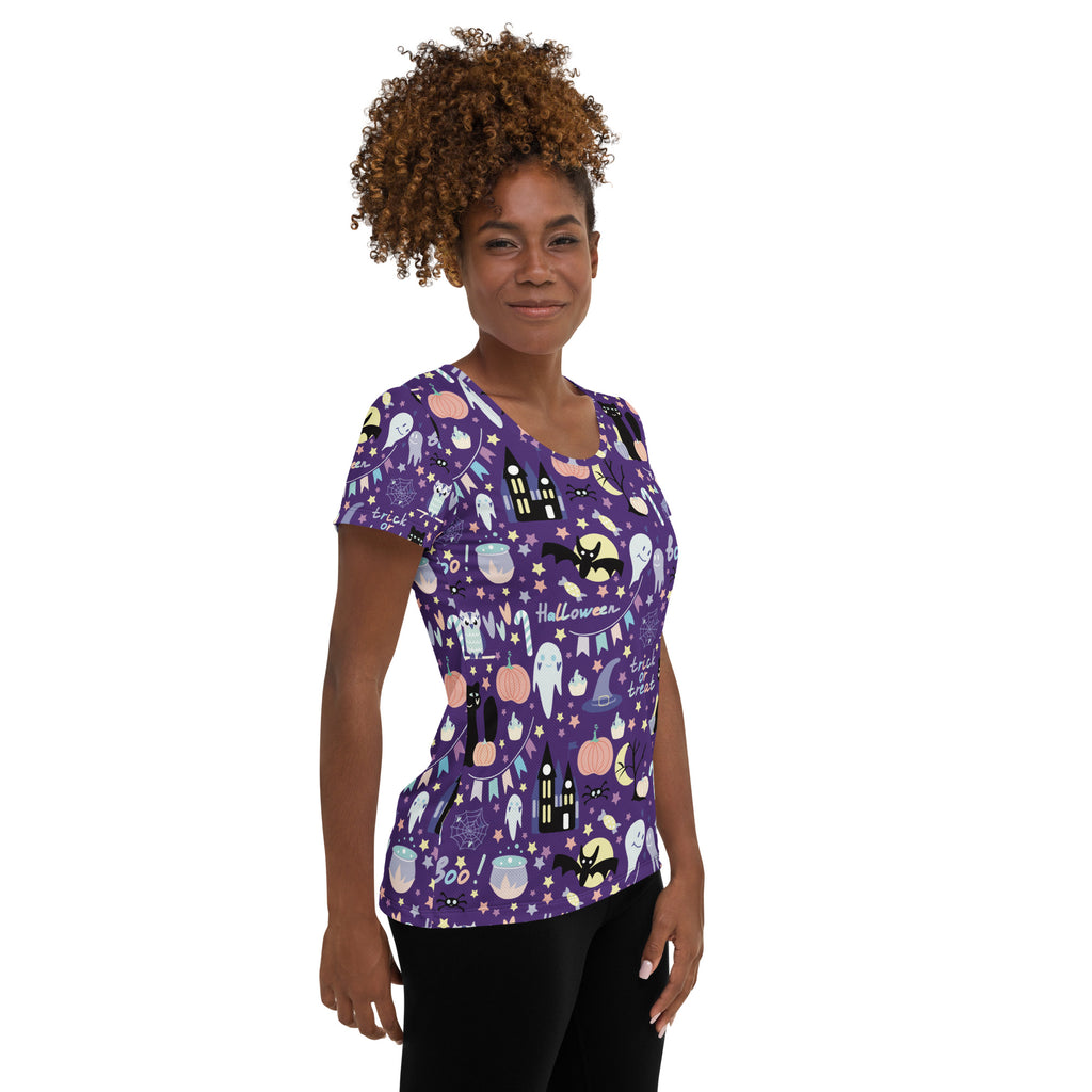 Women’s Spooky Halloween Performance Athletic T-Shirt - Lightweight Moisture Wicking Workout Top with UPF 50+