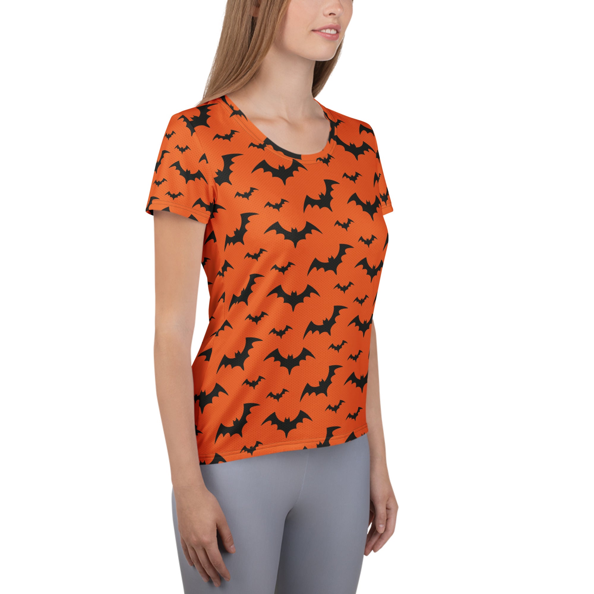 Women’s Orange Bats Halloween Performance Athletic T-Shirt - Lightweight Moisture Wicking Workout Top with UPF 50+