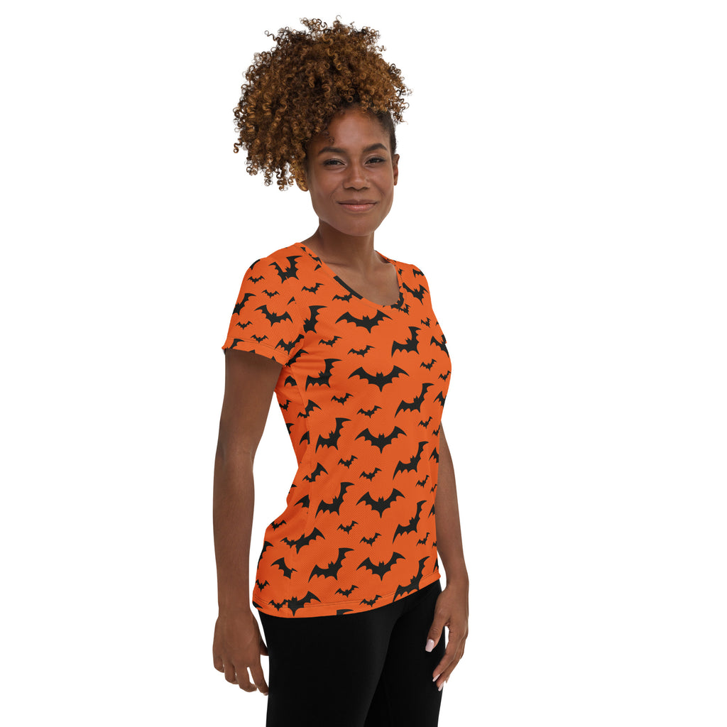 Women’s Orange Bats Halloween Performance Athletic T-Shirt - Lightweight Moisture Wicking Workout Top with UPF 50+