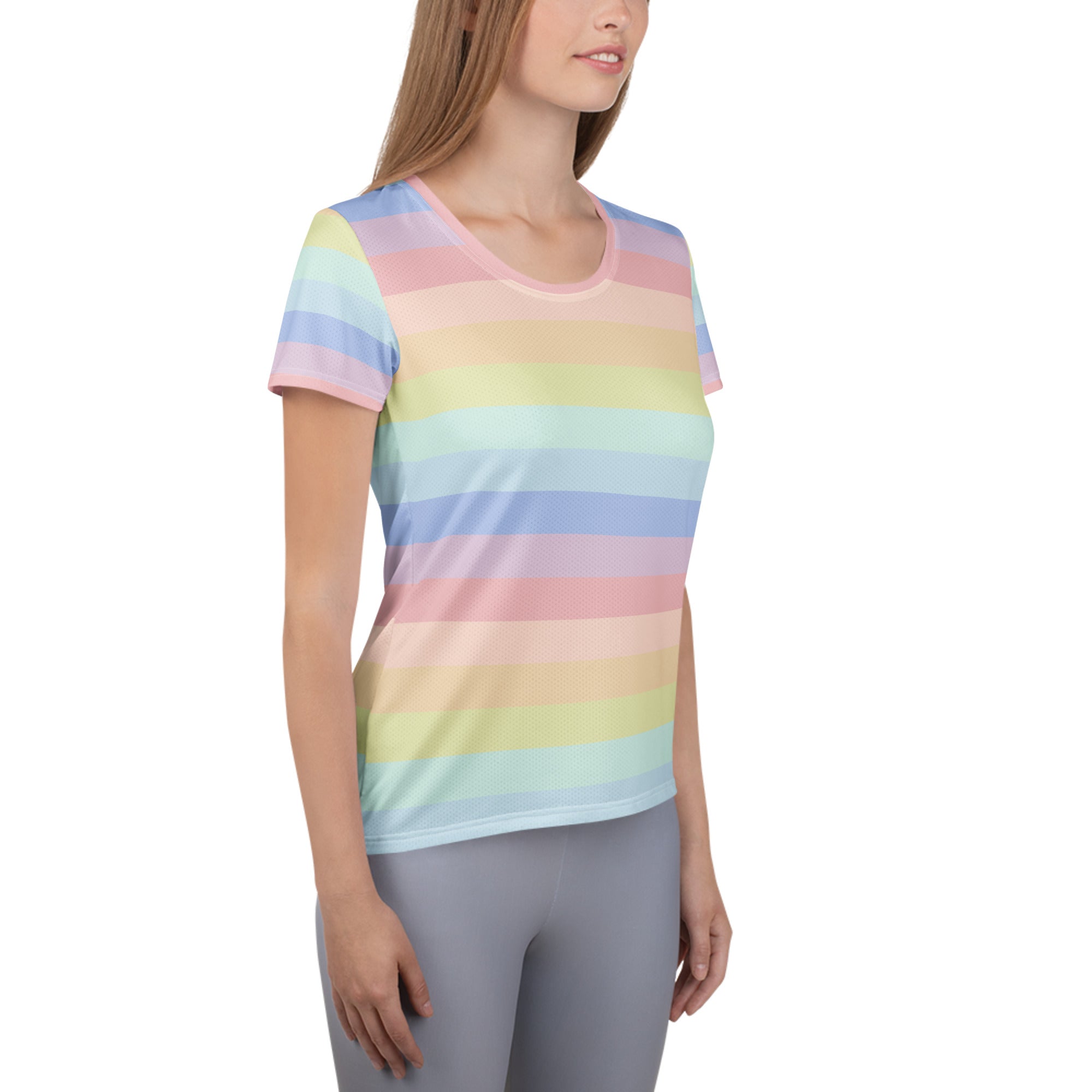 Women’s Colorful Pastel Striped Performance Athletic T-Shirt - Lightweight Moisture Wicking Workout Top with UPF 50+