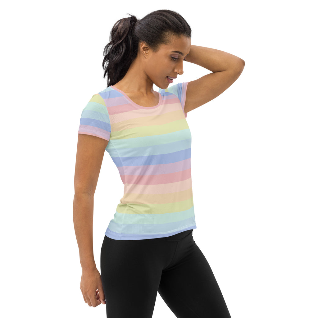 Women’s Colorful Pastel Striped Performance Athletic T-Shirt - Lightweight Moisture Wicking Workout Top with UPF 50+