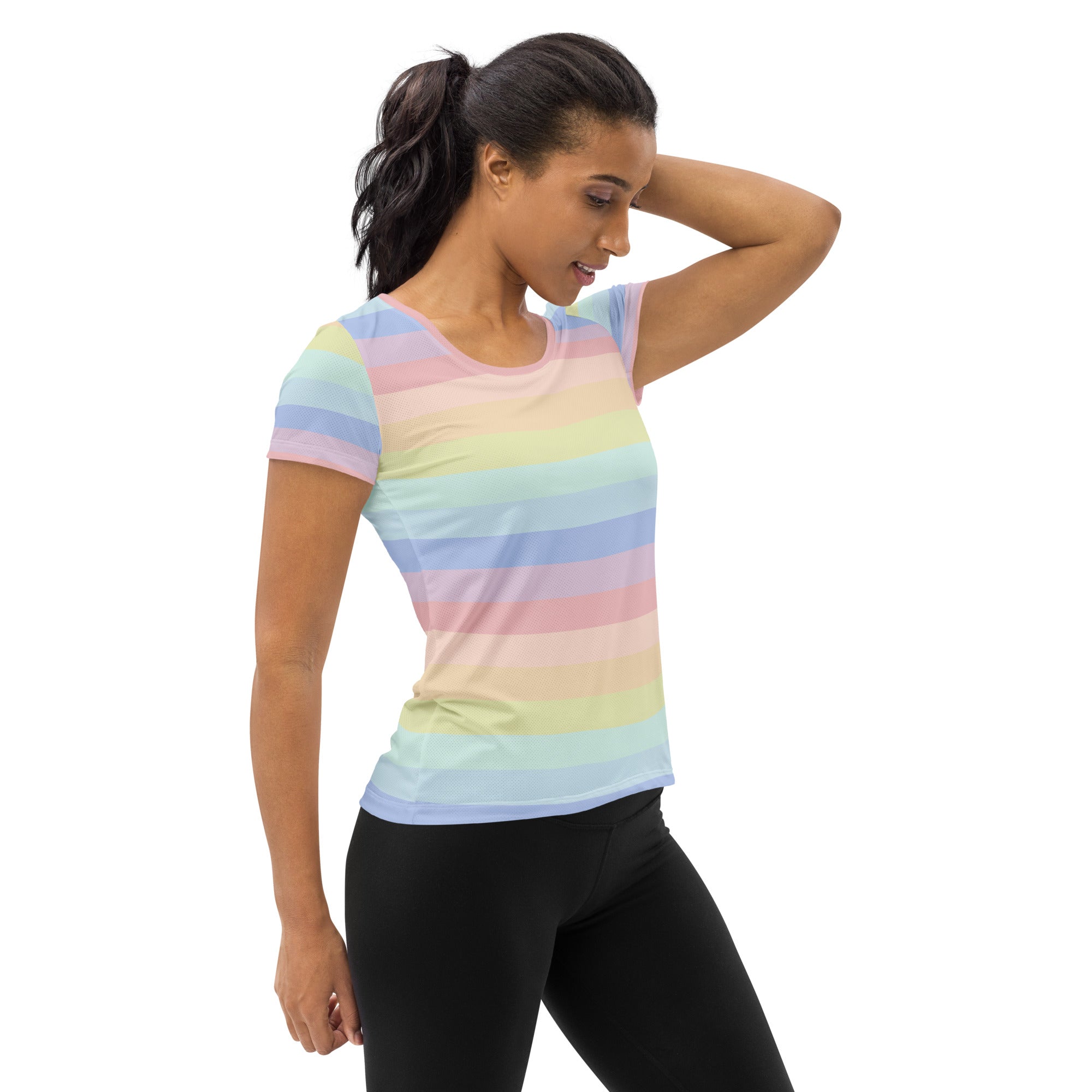 Women’s Colorful Pastel Striped Performance Athletic T-Shirt - Lightweight Moisture Wicking Workout Top with UPF 50+