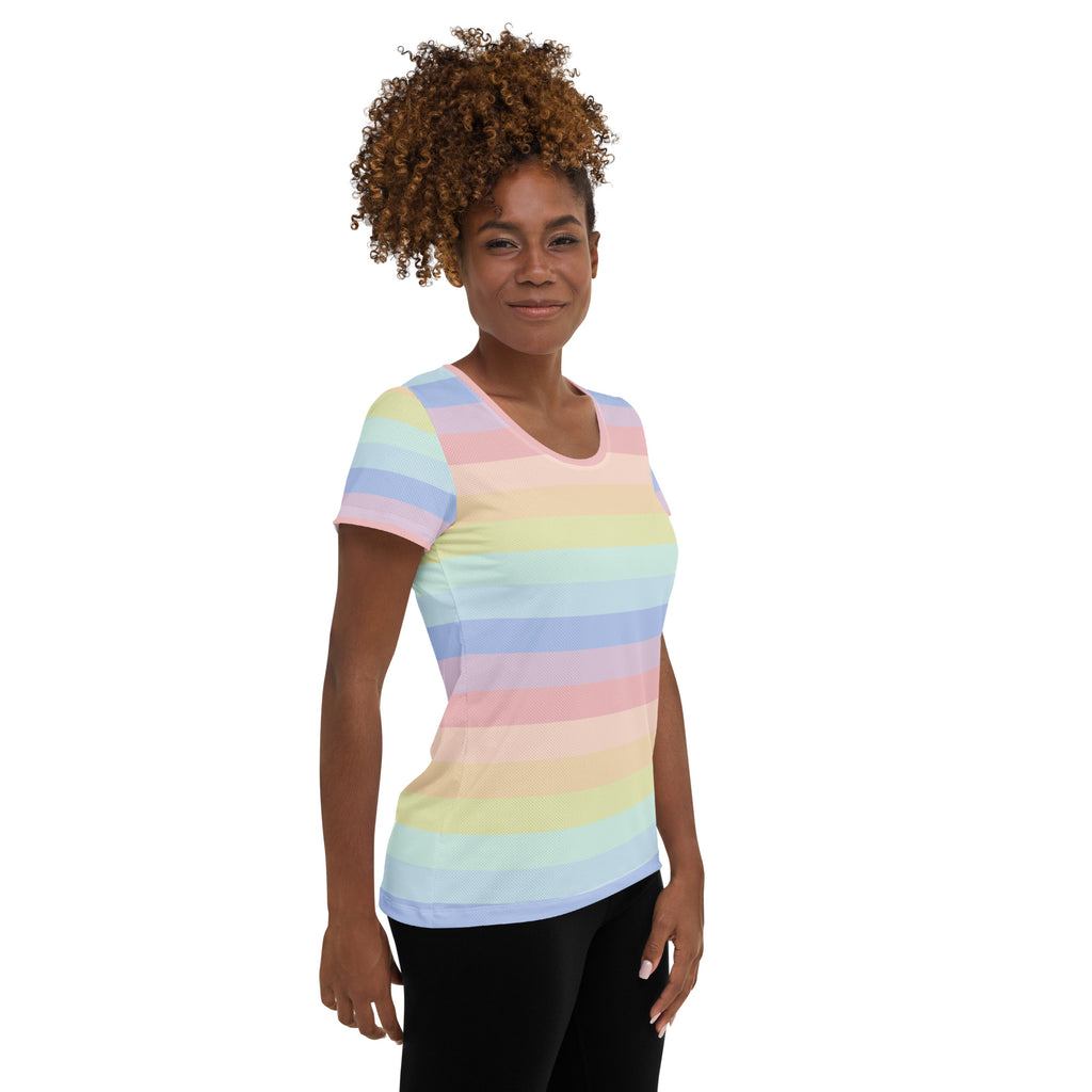 Women’s Colorful Pastel Striped Performance Athletic T-Shirt - Lightweight Moisture Wicking Workout Top with UPF 50+