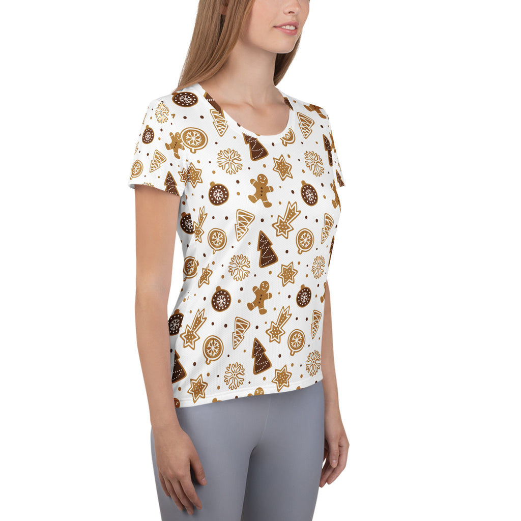 Women’s Gingerbread Cookies Christmas Performance Athletic T-Shirt - Lightweight Moisture Wicking Workout Top with UPF 50+